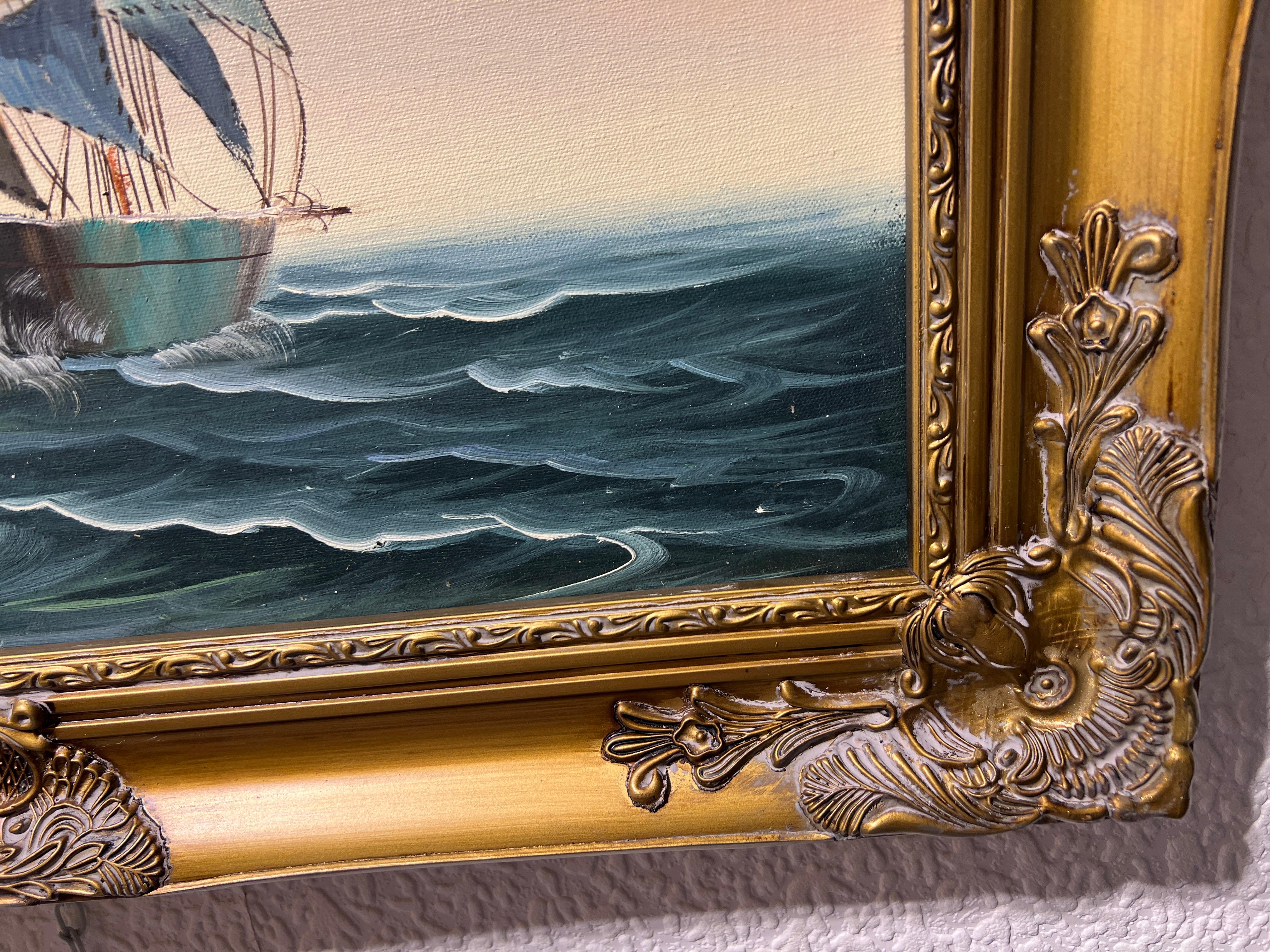 Peinture originale à l'huile sur toile, paysage marin, bateau à voile, signée, cadre doré en vente 3