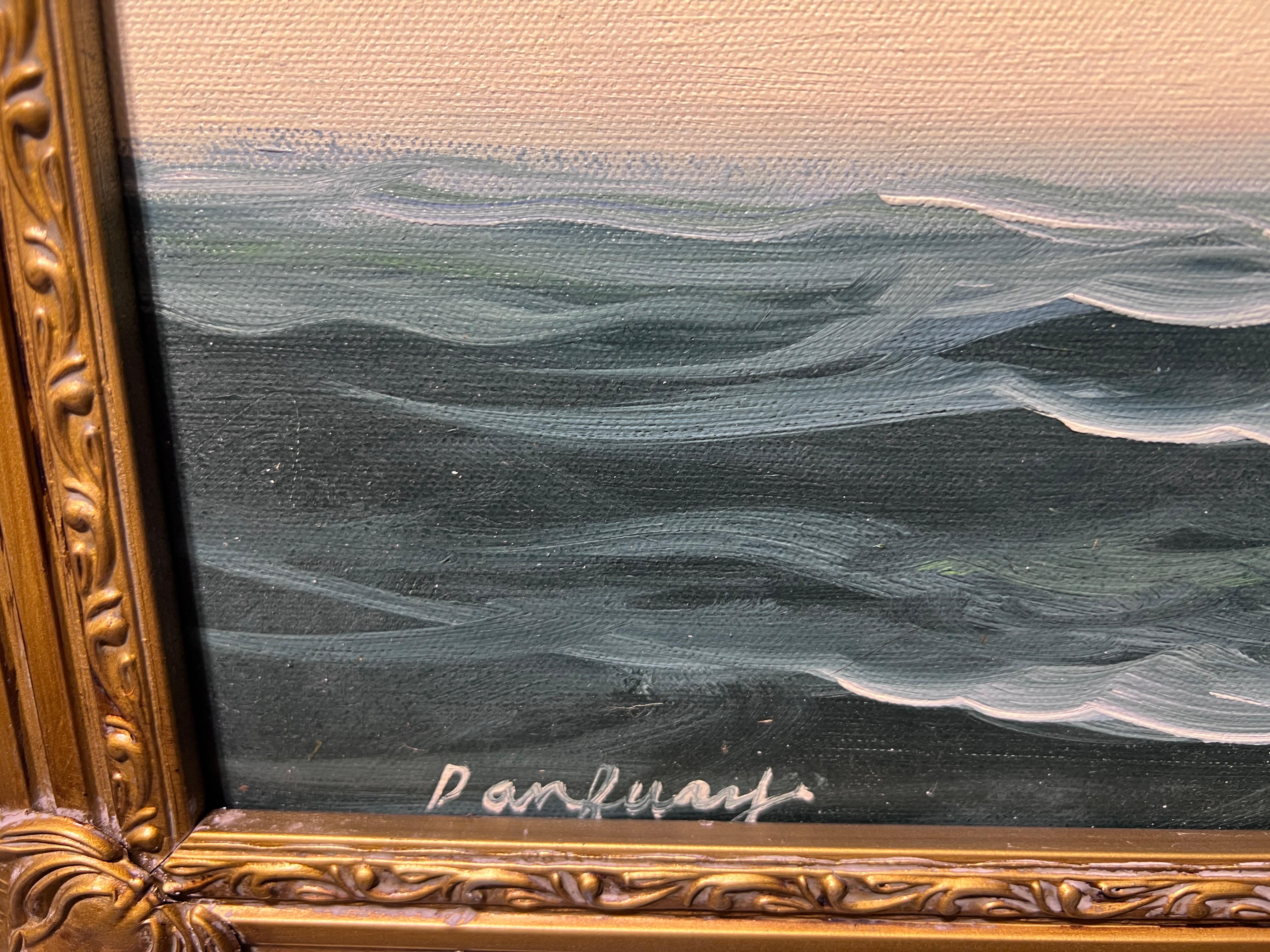 Peinture originale à l'huile sur toile, paysage marin, bateau à voile, signée, cadre doré en vente 4
