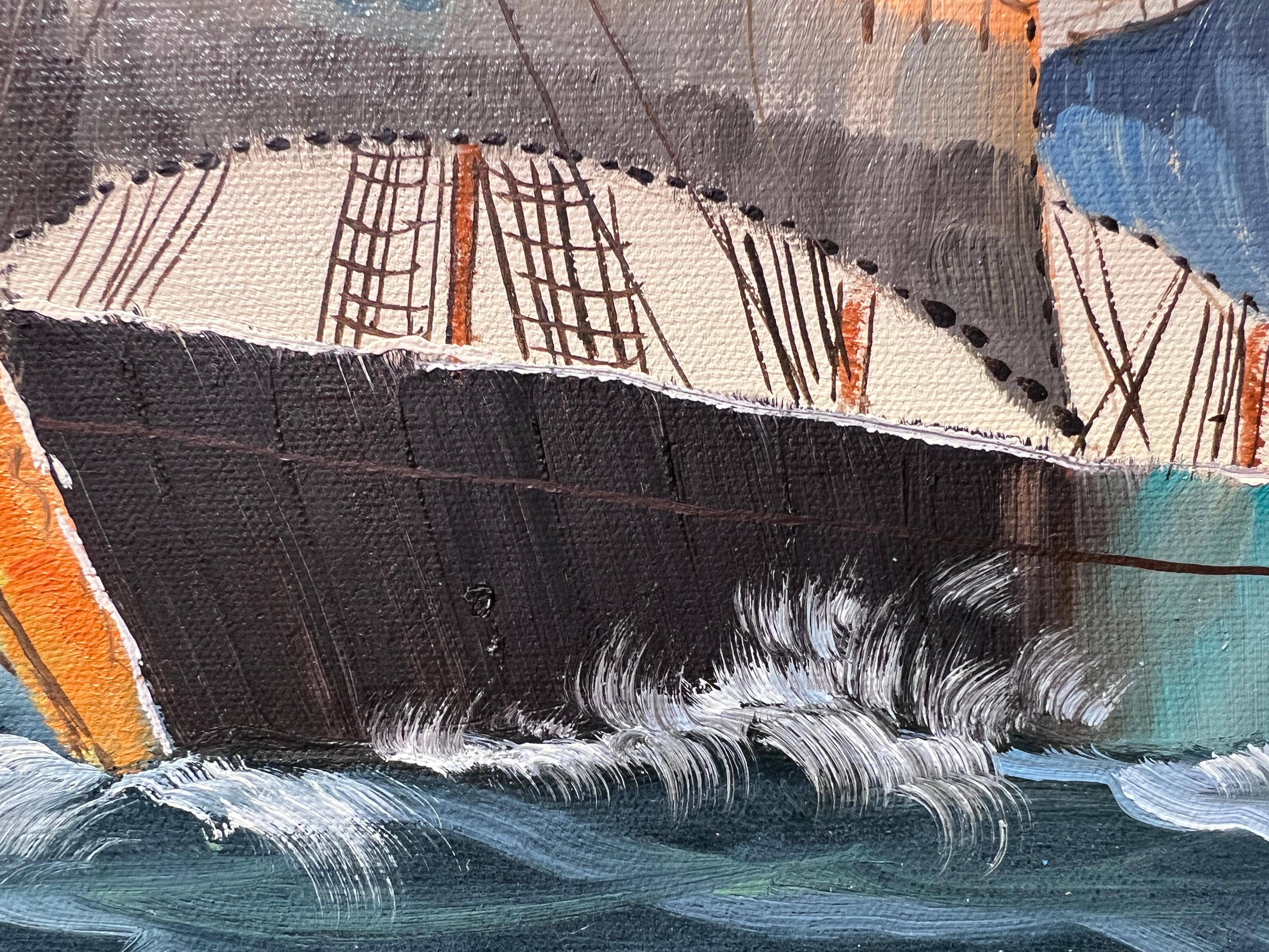 Peinture originale à l'huile sur toile, paysage marin, bateau à voile, signée, cadre doré en vente 5