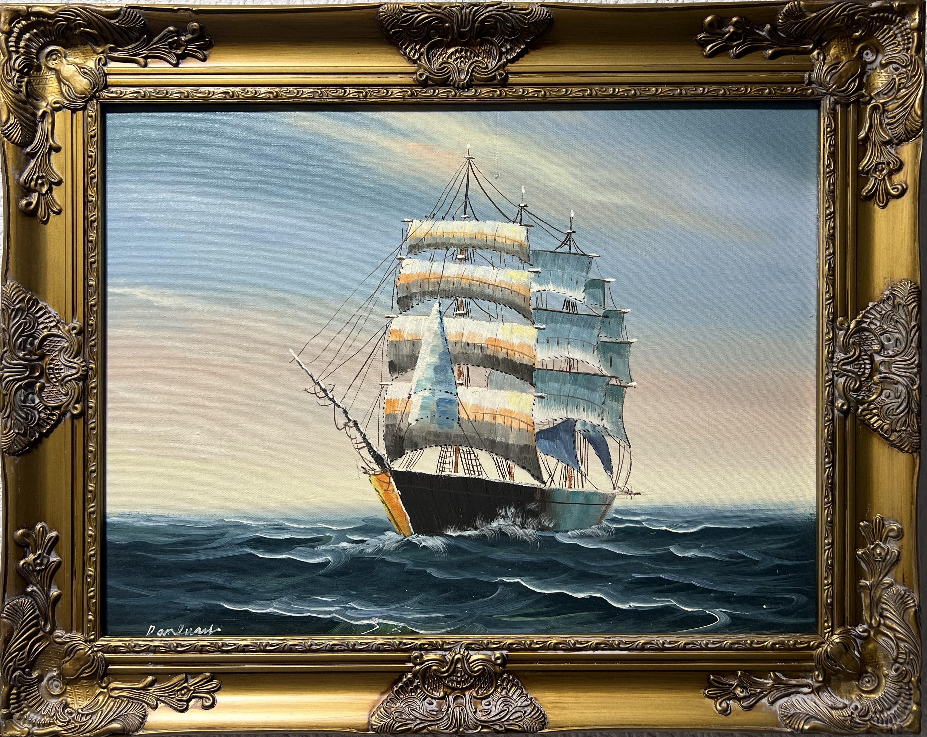 Landscape Painting Unknown - Peinture originale à l'huile sur toile, paysage marin, bateau à voile, signée, cadre doré