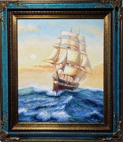 Original  oil painting on canvas, seascape, Sailing ships on the Sea, Framed