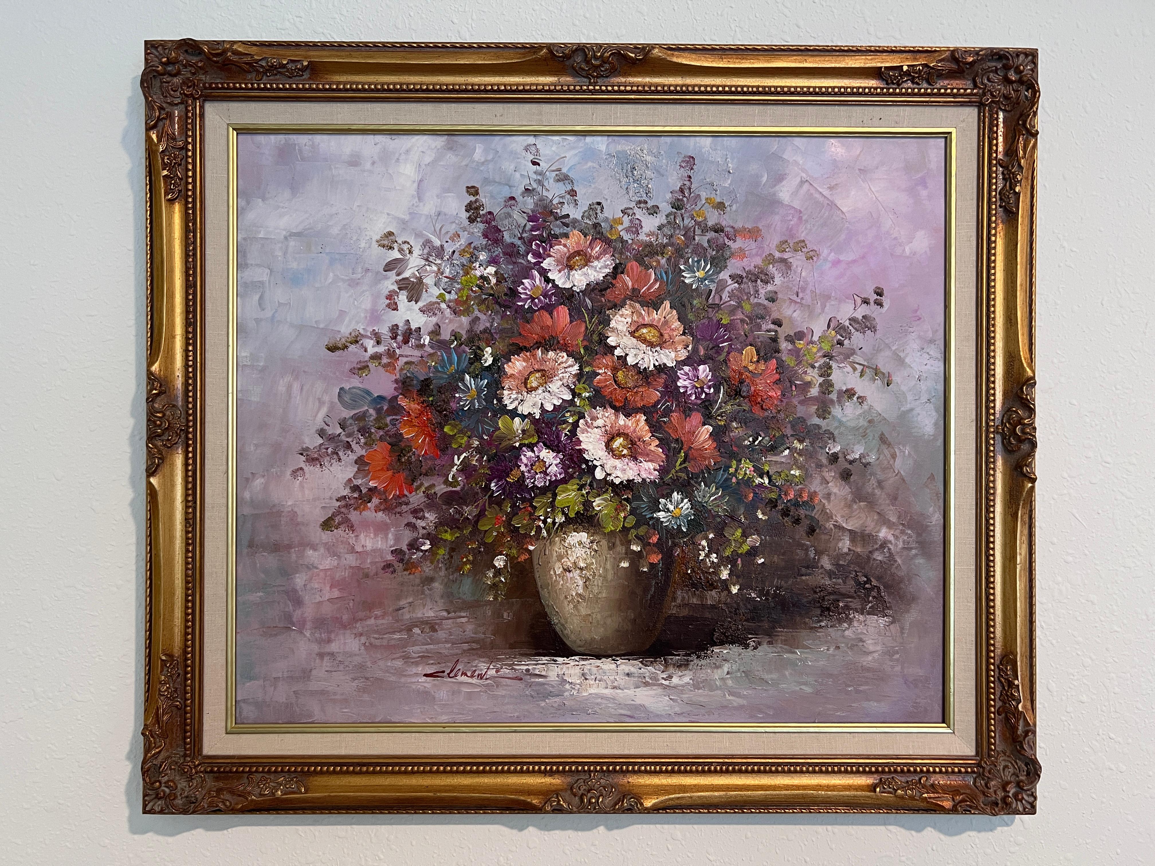 Original-Ölgemälde auf Leinwand, Stillleben, Blumen, signiert, gerahmt – Painting von Unknown
