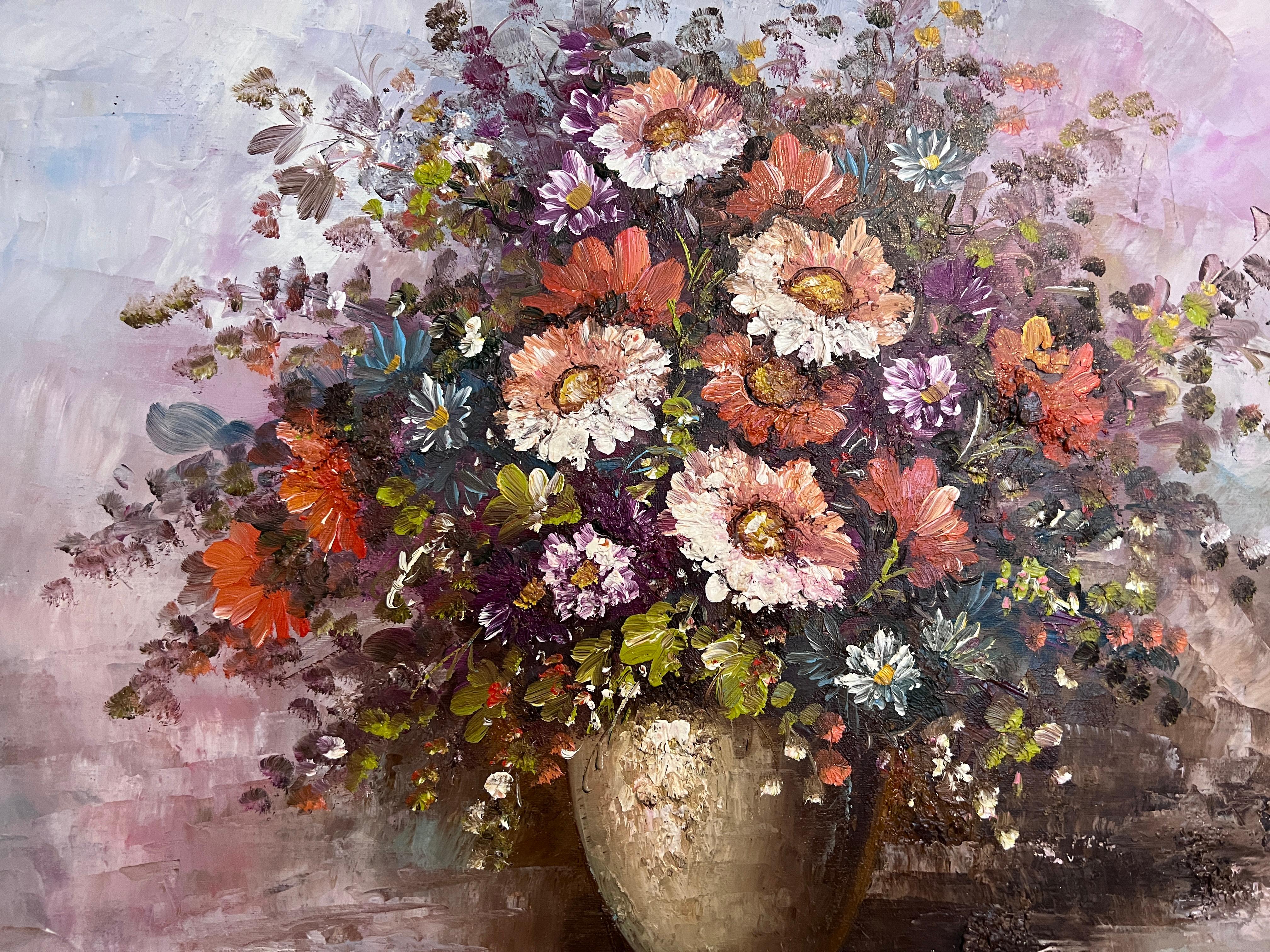 Original-Ölgemälde auf Leinwand, Stillleben, Blumen, signiert, gerahmt (Realismus), Painting, von Unknown