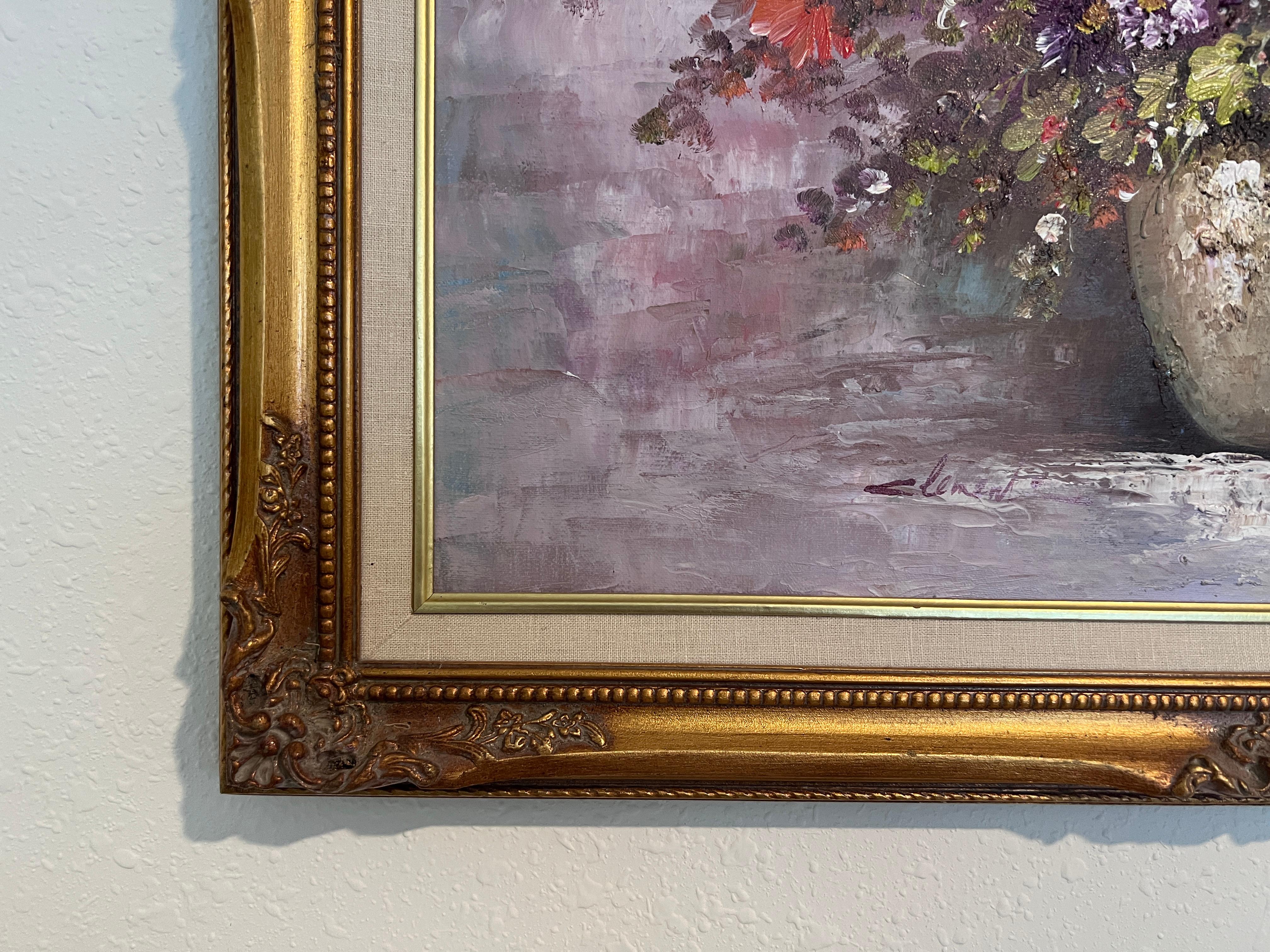 Original-Ölgemälde auf Leinwand, Stillleben, Blumen, signiert, gerahmt (Grau), Landscape Painting, von Unknown