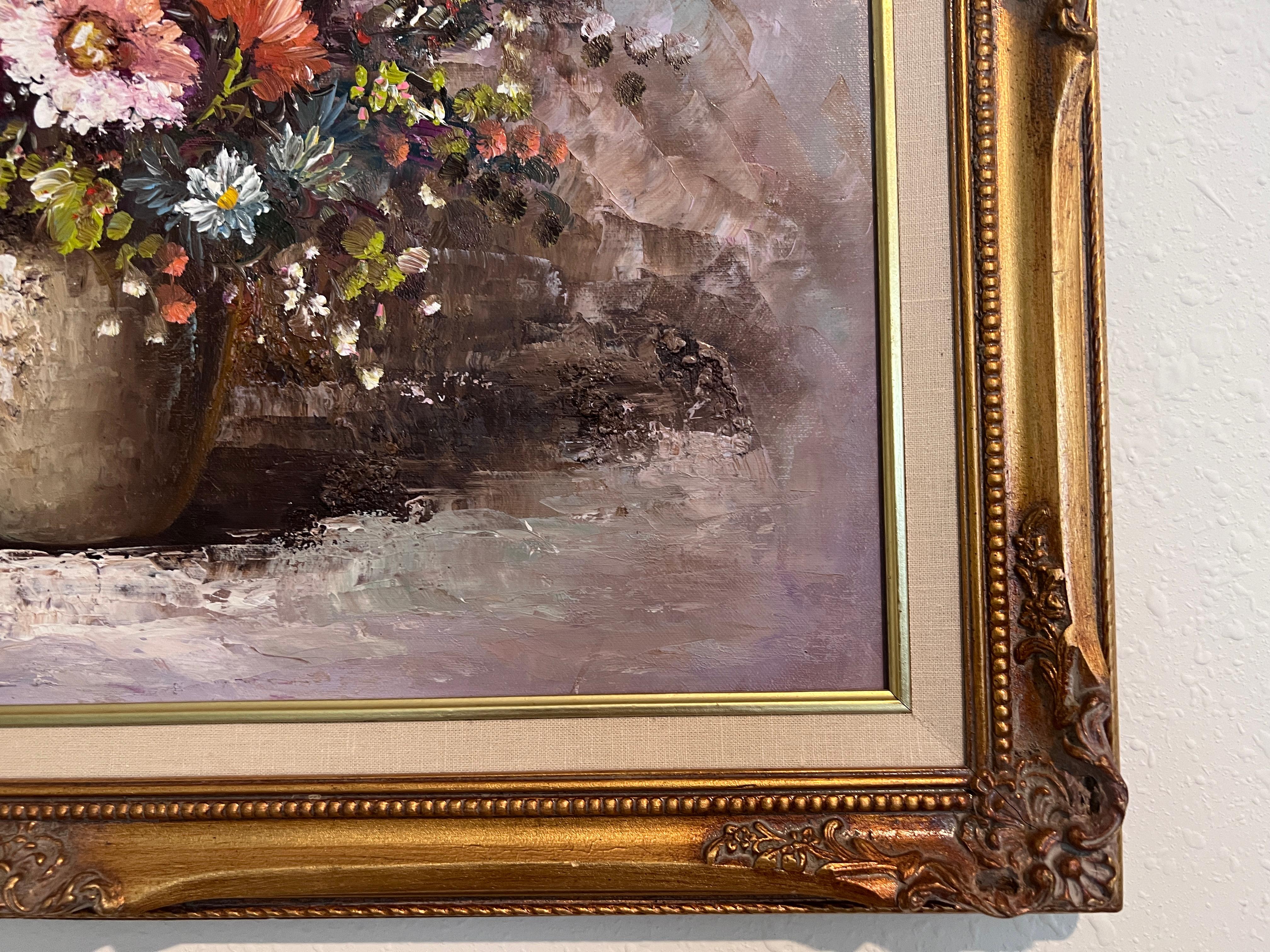 Original-Ölgemälde auf Leinwand, Stillleben, Blumen, signiert, gerahmt im Angebot 2