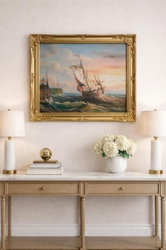 Original Oil Painting Sailing Boat Harbor Storm Seascape Nautical Art Framed