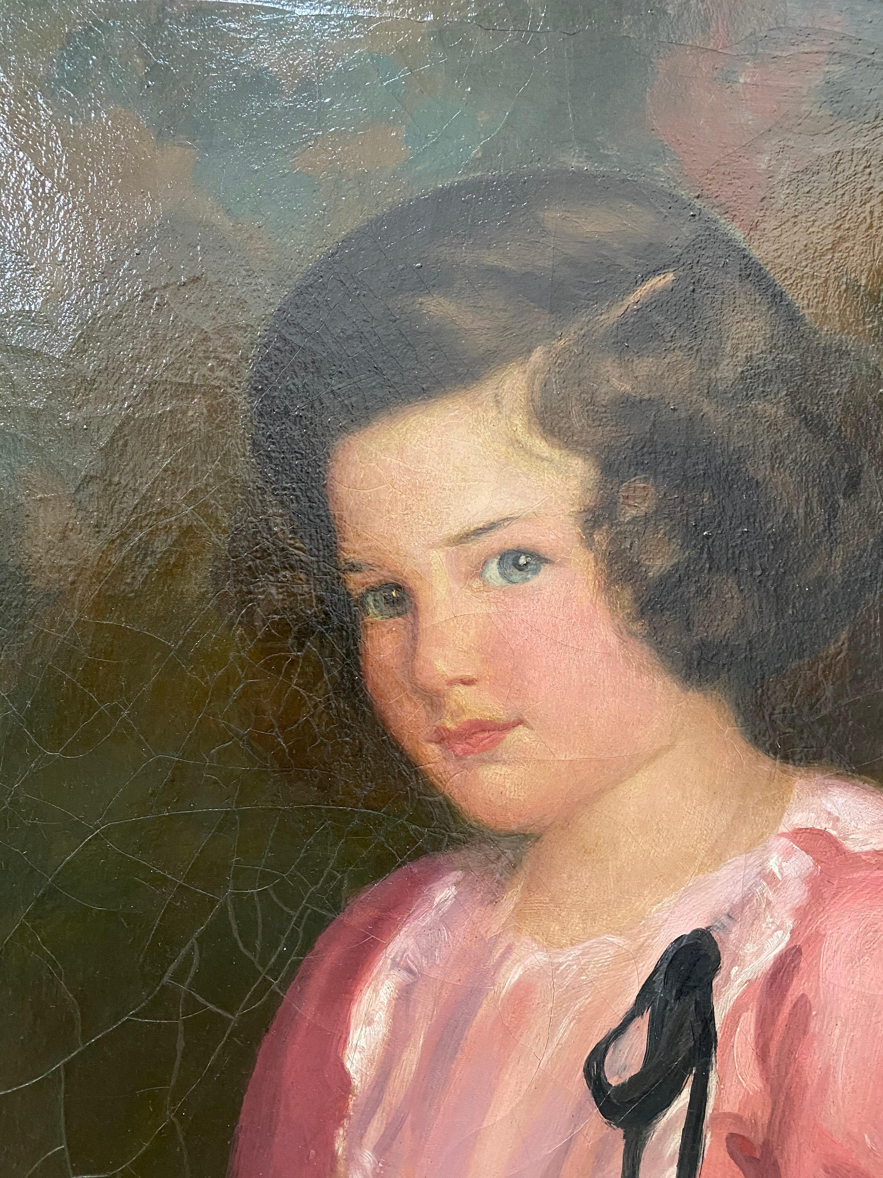 Original Oil Portrait of a Charming Young Girl in a Pink Dress by C. Rice C.1920 - Painting by Unknown