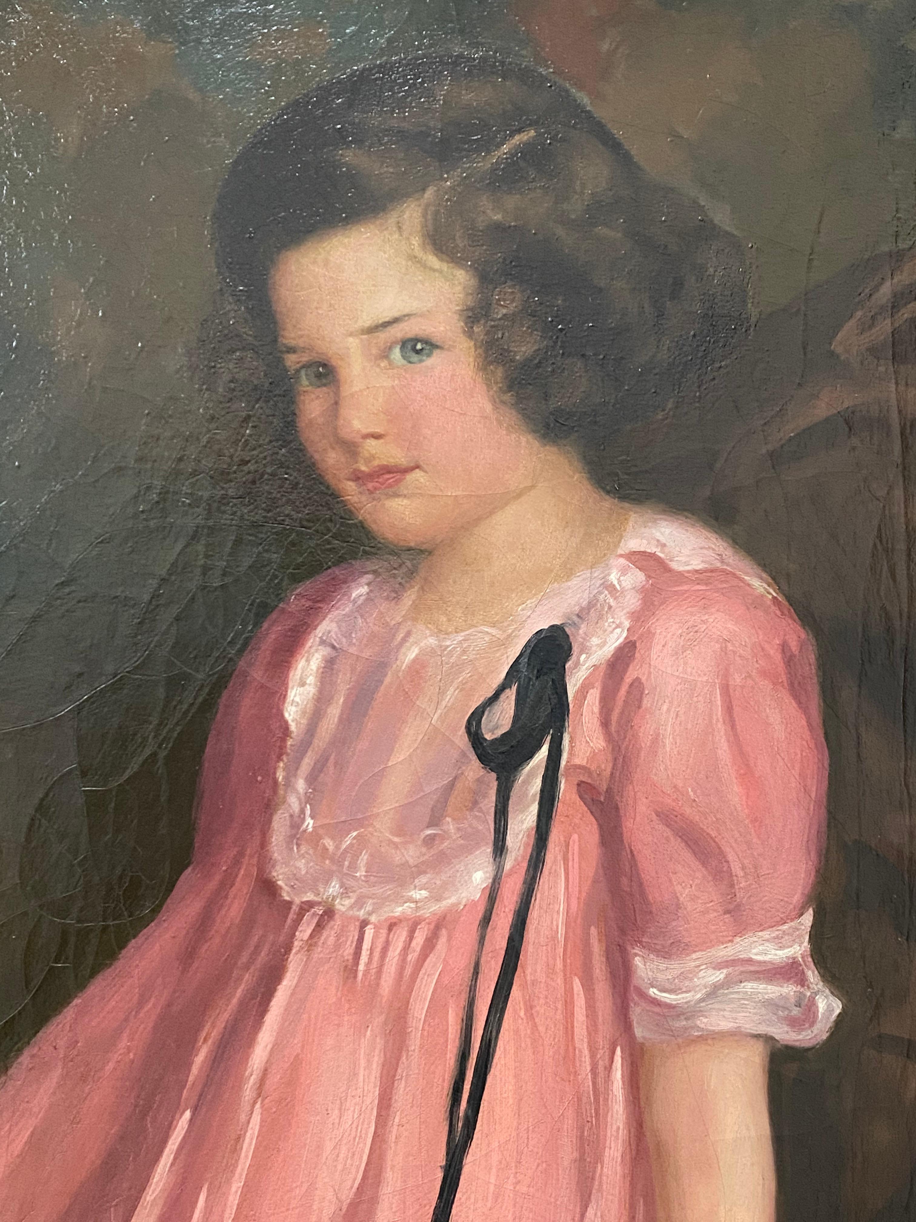 Original Oil Portrait of a Charming Young Girl in a Pink Dress by C. Rice C.1920 2