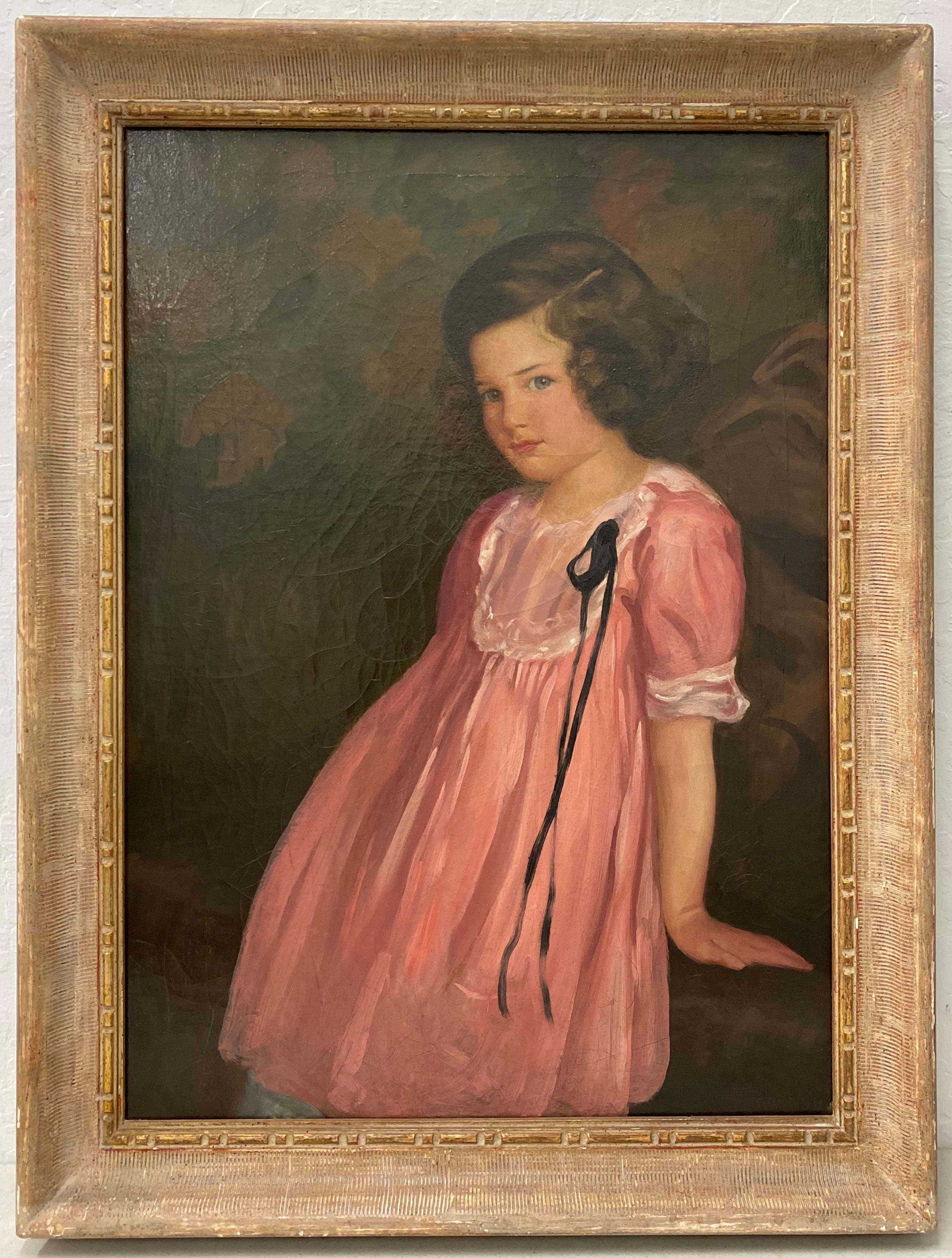 Original Oil Portrait of a Charming Young Girl in a Pink Dress by C. Rice C.1920