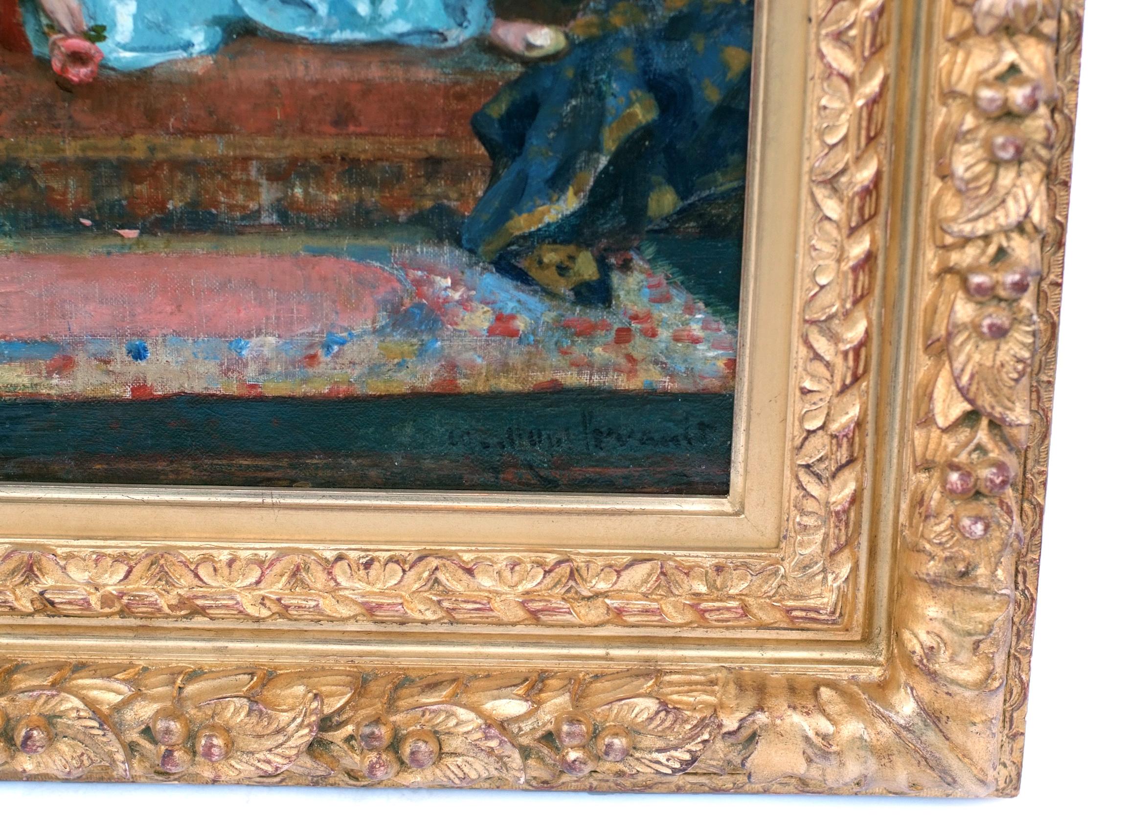 Oil on canvas 19th century
Signature low right unidentified
Odalisque lying down the sofa
Framed by Gault (Paris - Fbg st-Honoré)
Dim canvas : 38 X 56 cm
Dim frame : 56 X 72 cm