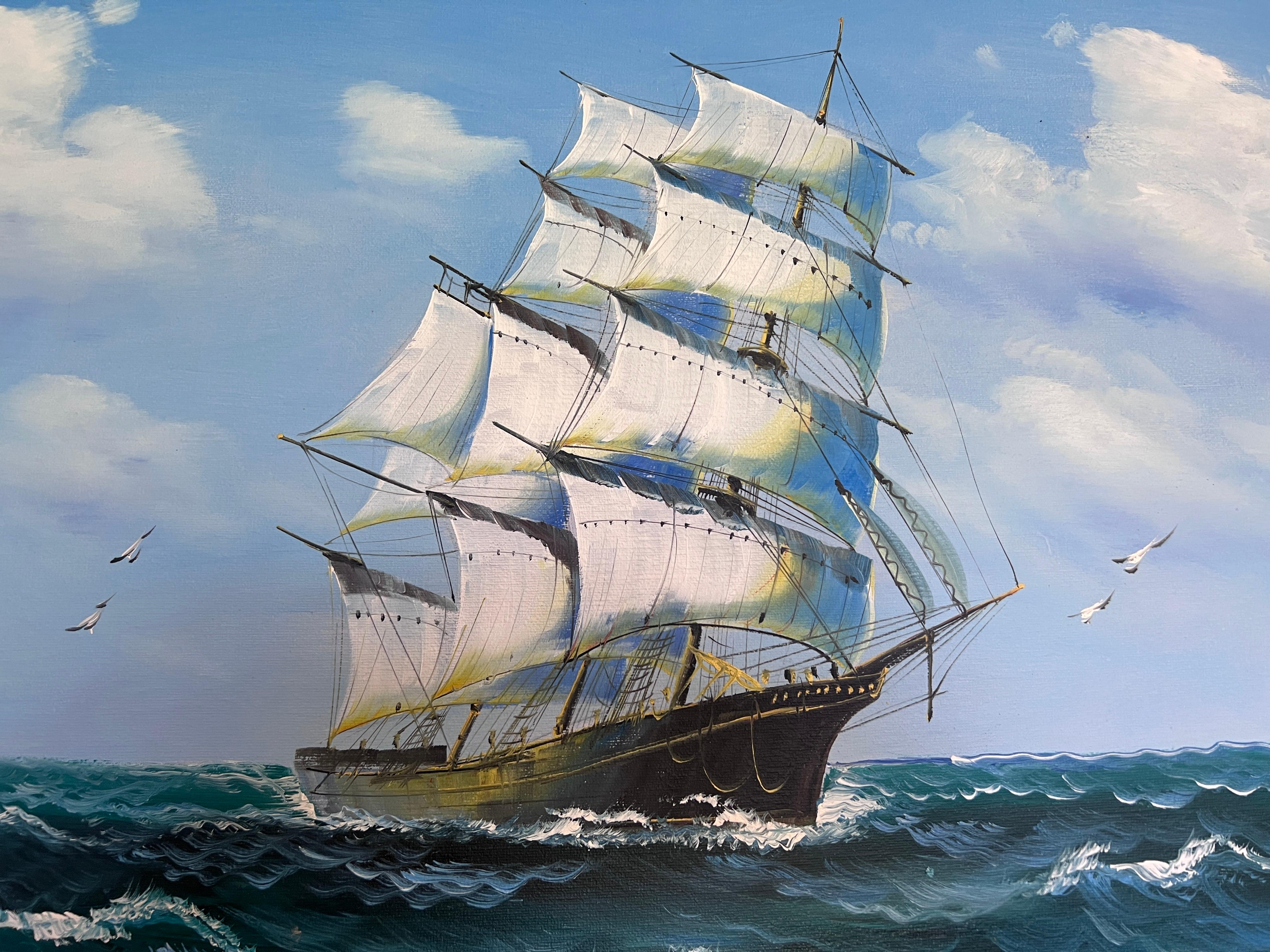 Original Seelandschaft Ölgemälde Clipper Schiff Ozean Wellen Maritime Kunst gerahmt im Angebot 5