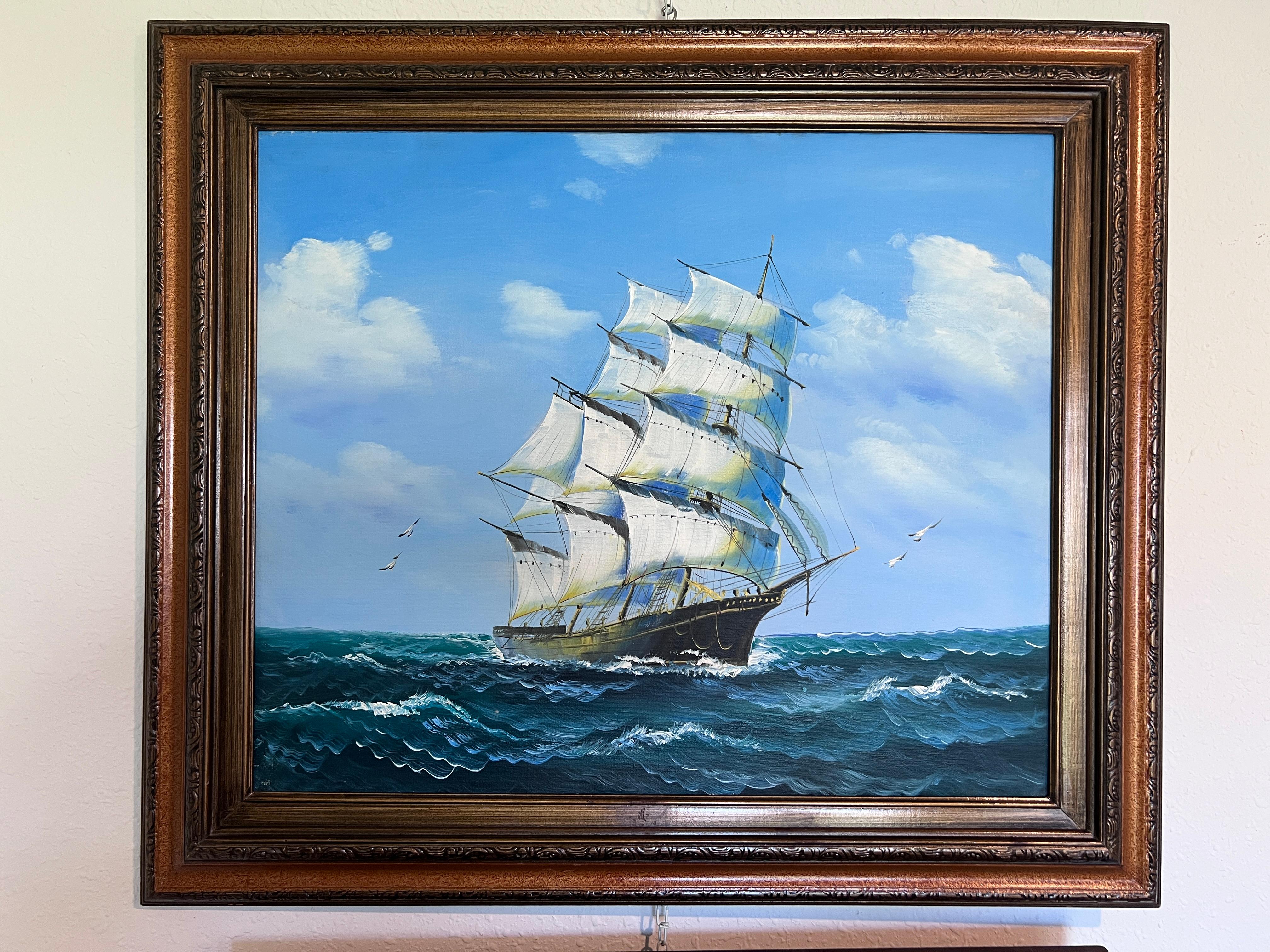 Original Seelandschaft Ölgemälde Clipper Schiff Ozean Wellen Maritime Kunst gerahmt – Painting von Unknown
