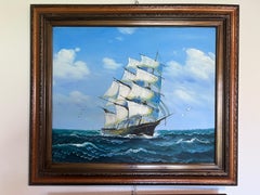 Original Seascape Oil Painting Clipper Ship Ocean Waves Maritime Art Framed