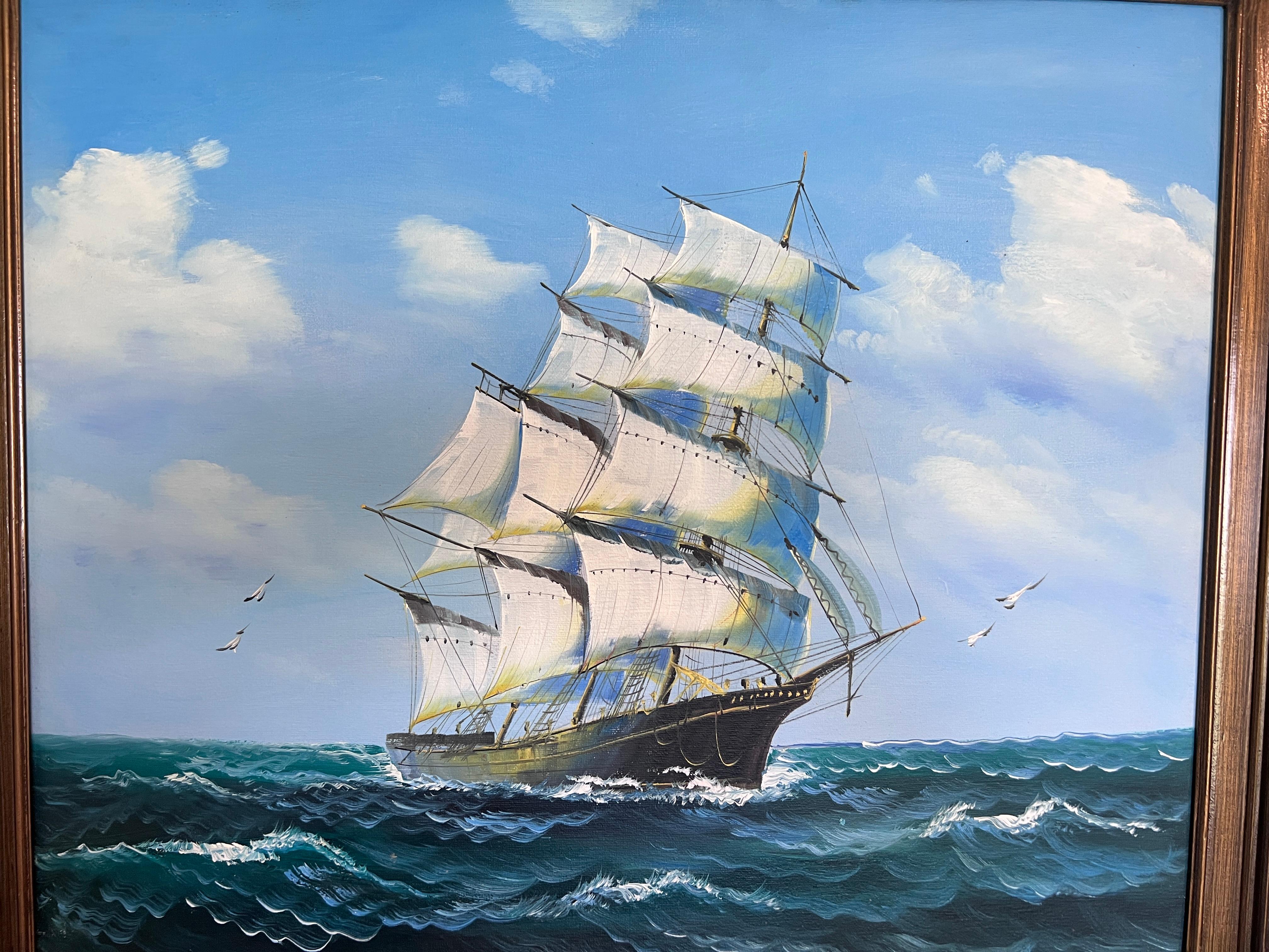 Original Seelandschaft Ölgemälde Clipper Schiff Ozean Wellen Maritime Kunst gerahmt (Impressionismus), Painting, von Unknown