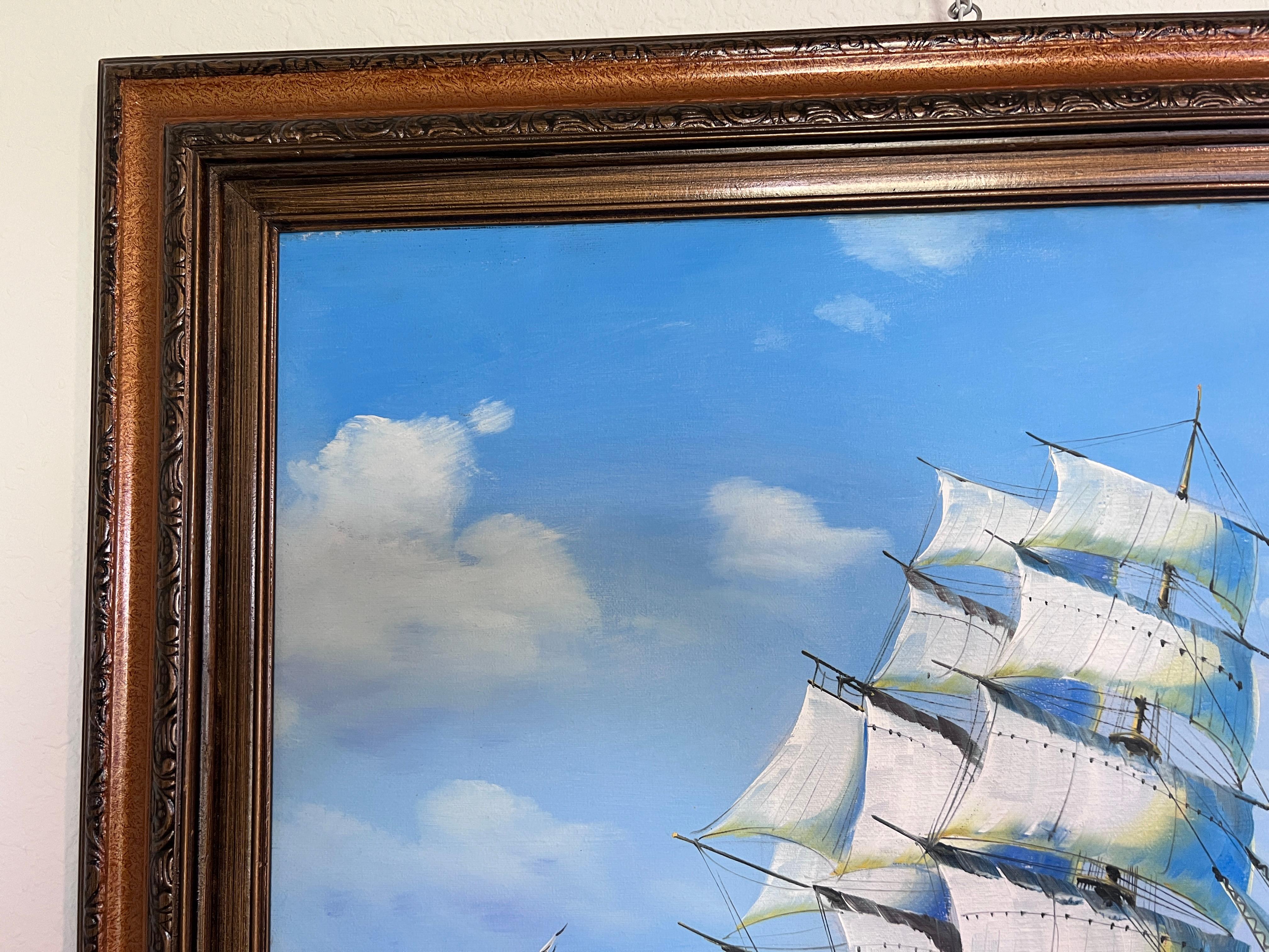 Diese beeindruckende Seelandschaft zeigt ein majestätisches Klipperschiff, das sich unter einem strahlenden Himmel durch tiefe Wellen schlängelt. Die Künstlerin verwendet kühne, selbstbewusste Pinselstriche, um Bewegung in die Segel und das Wasser