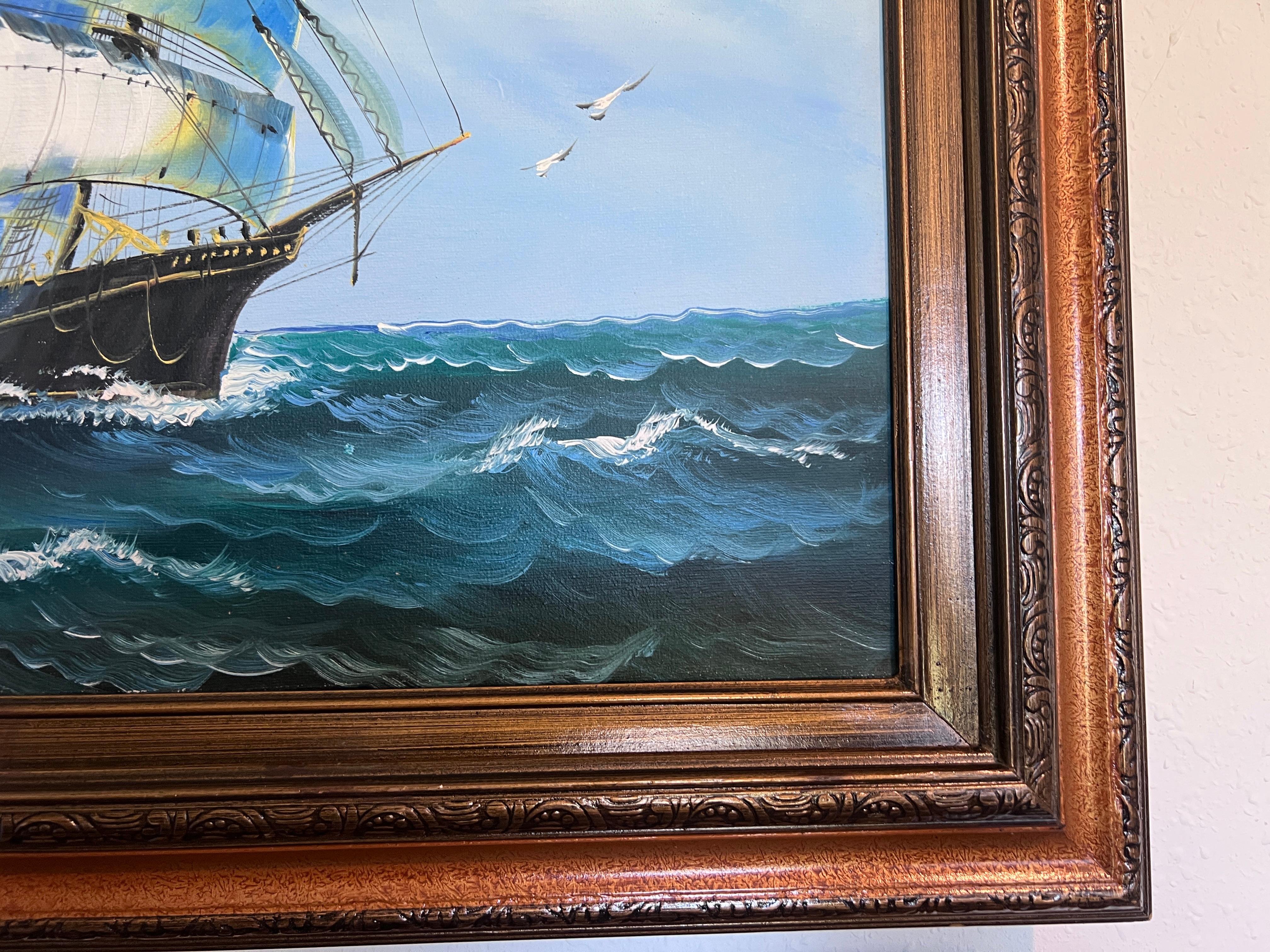 Original Seelandschaft Ölgemälde Clipper Schiff Ozean Wellen Maritime Kunst gerahmt im Angebot 2