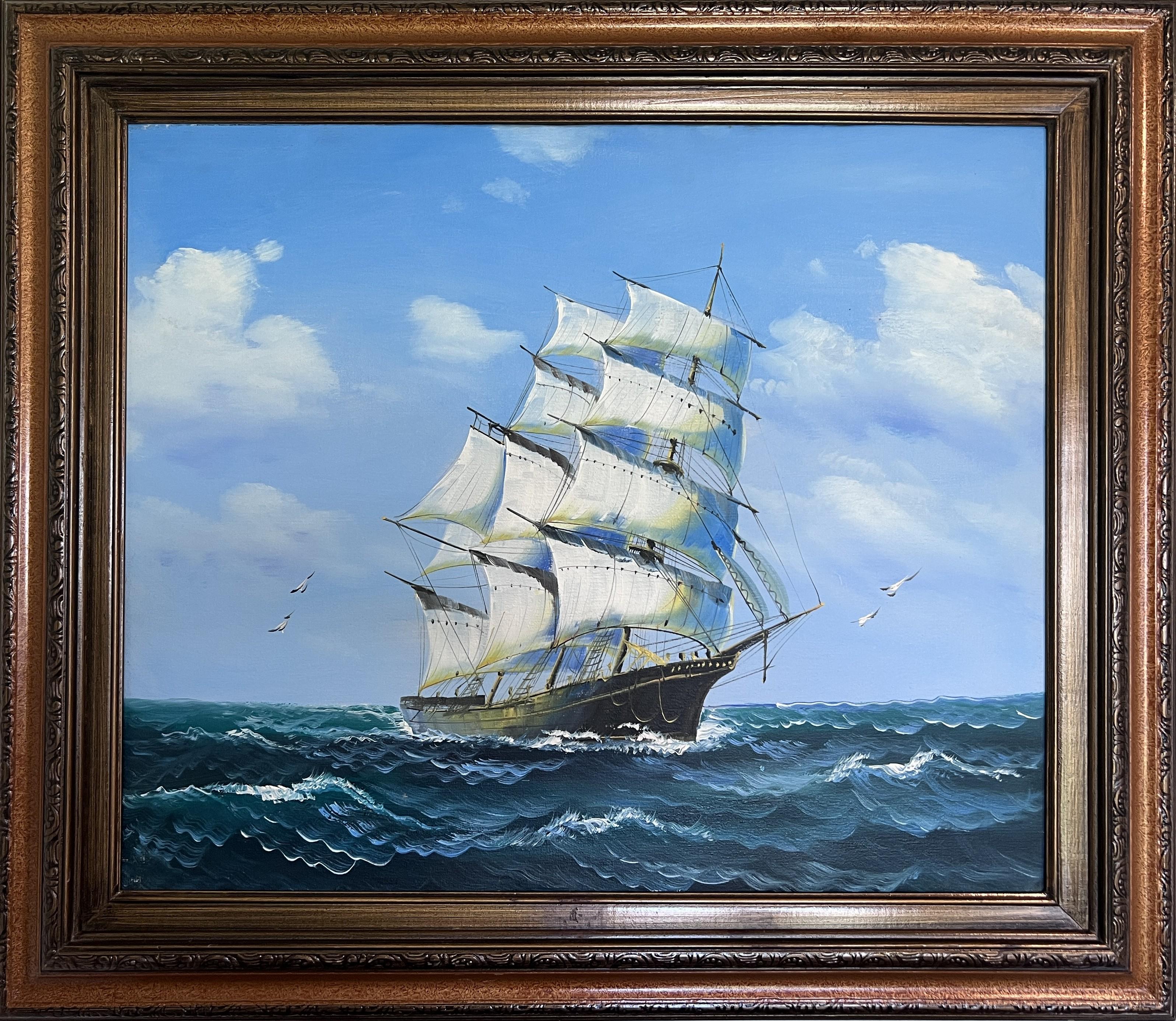 Original Seelandschaft Ölgemälde Clipper Schiff Ozean Wellen Maritime Kunst gerahmt