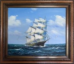 Original Seascape Oil Painting Clipper Ship Ocean Waves Maritime Art Framed