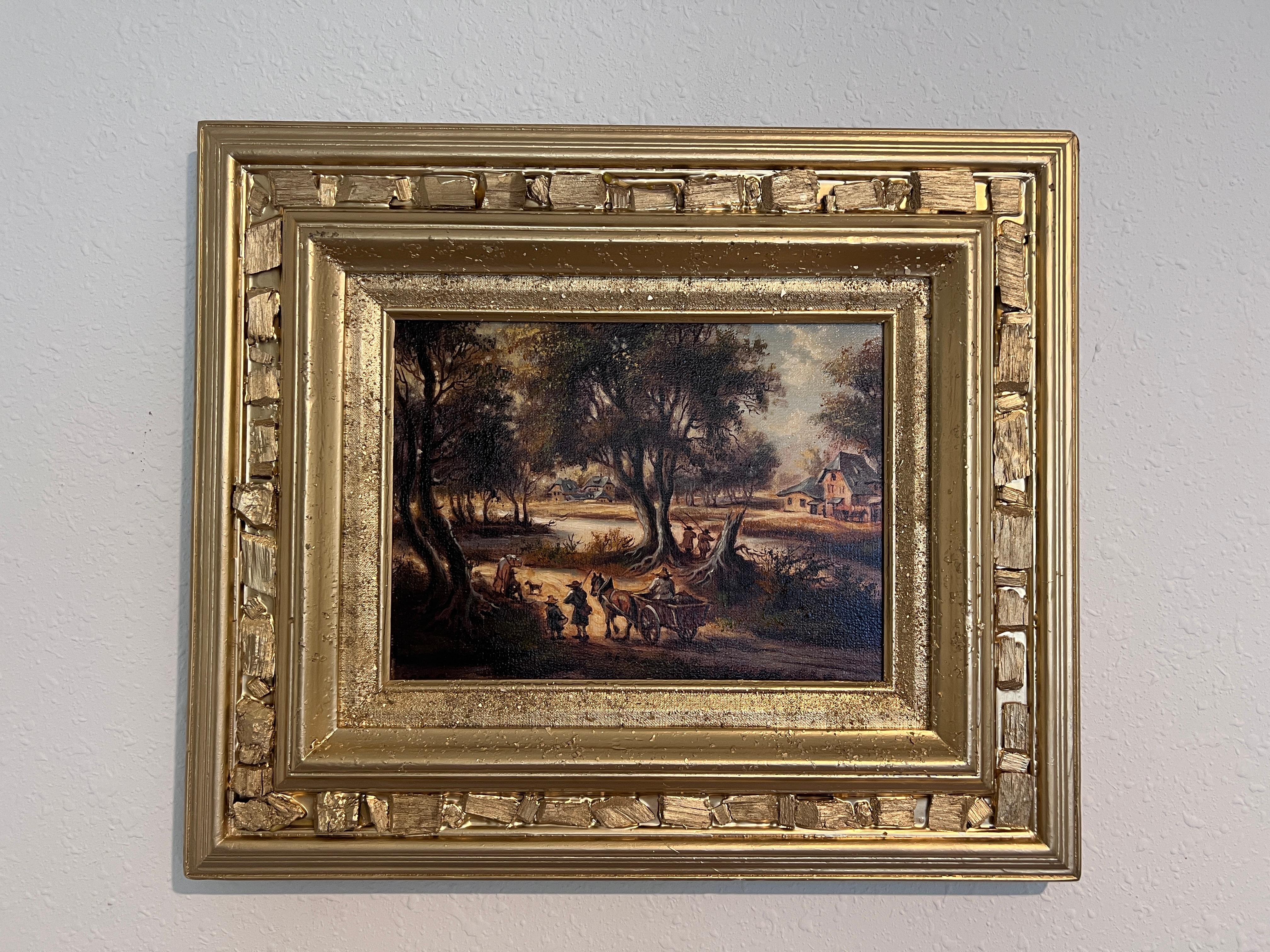 Pittura a olio su tela originale firmata, Paesaggio, Scena di genere, incorniciata - Painting di Unknown
