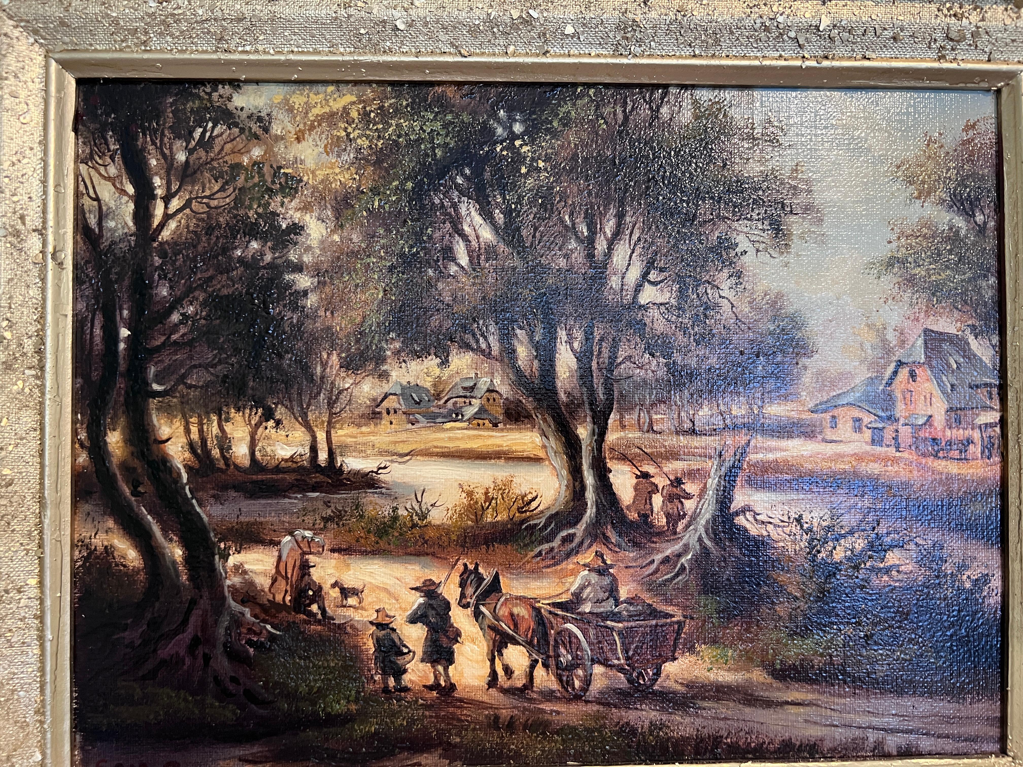 Pittura a olio su tela originale firmata, Paesaggio, Scena di genere, incorniciata - Painting Impressionismo di Unknown