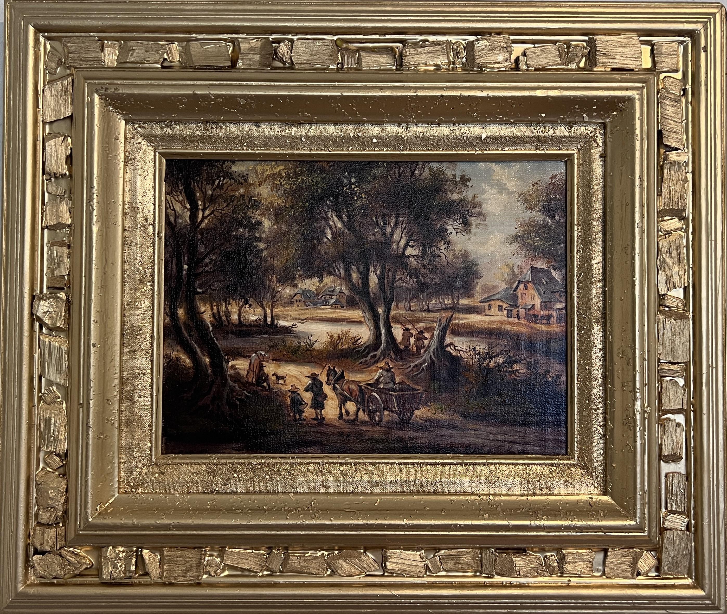 Landscape Painting di Unknown - Pittura a olio su tela originale firmata, Paesaggio, Scena di genere, incorniciata