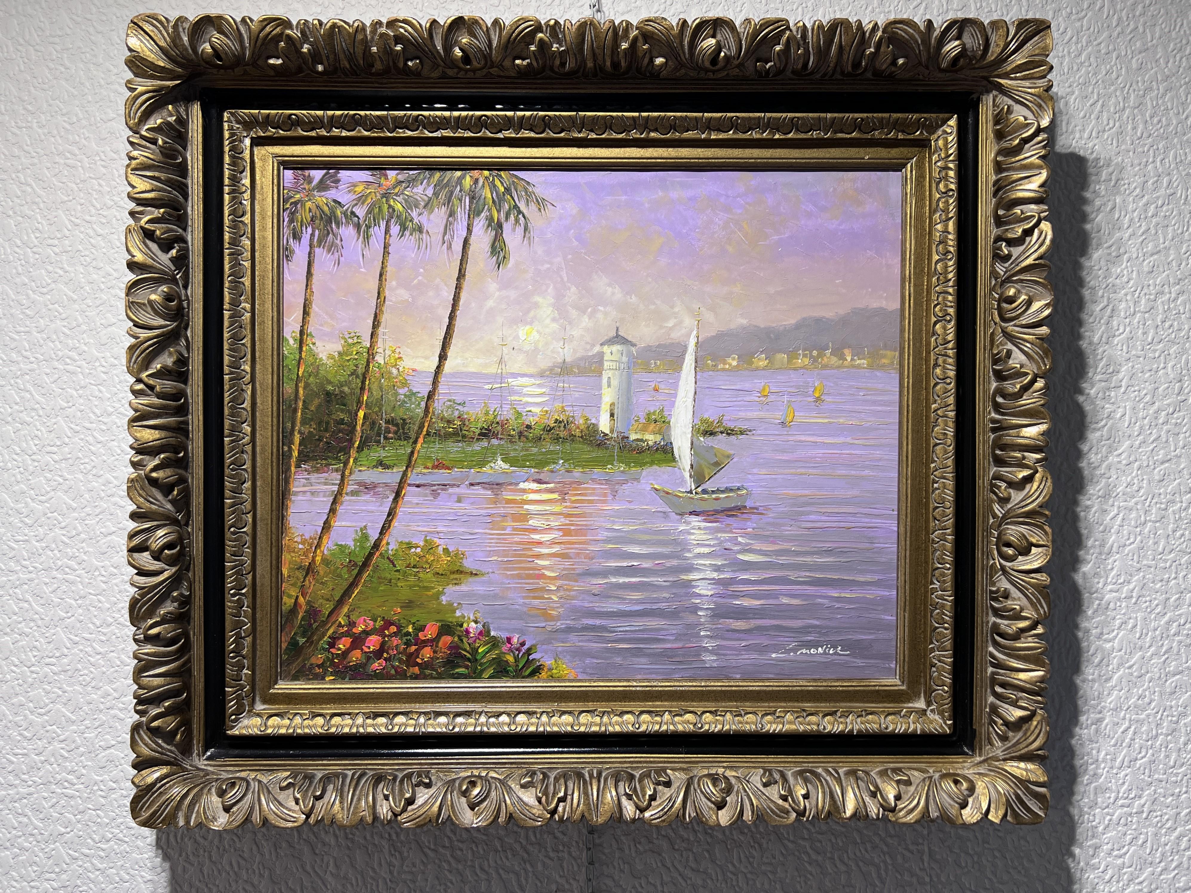 Up for sale is a beautiful antique original oil painting on canvas depicting a seascape with a boat, lighthouse, and harbor view at sunset. 
Illegible signed in a lower-right corner.
Presented in a gorgeous ornate frame.
Condition: The painting is