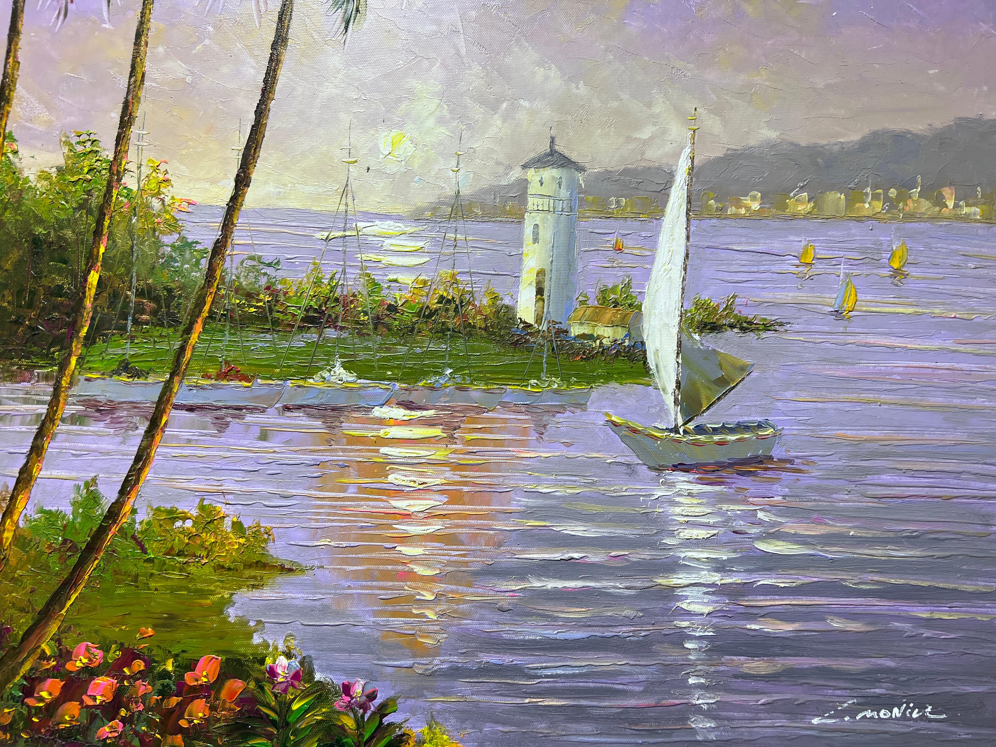 Original signiertes Ölgemälde auf Leinwand Meereslandschaft, Leuchtturm, Hafenansicht, gerahmt (Impressionismus), Painting, von Unknown