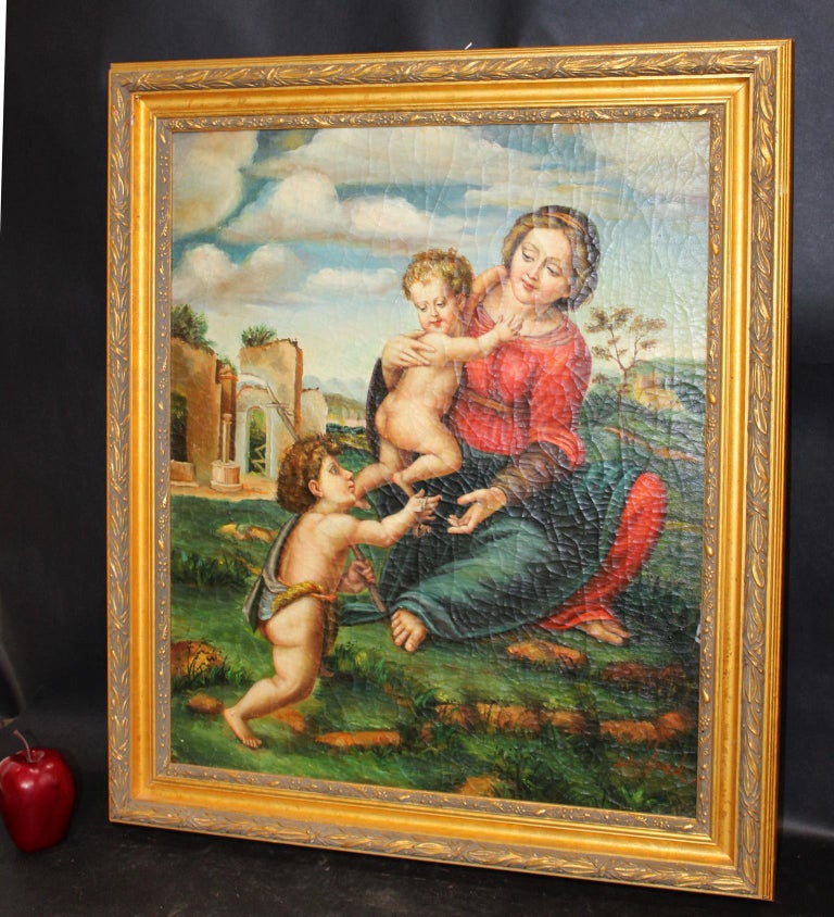 Unknown Figurative Painting - Original Signed Painting of Madonna with Child with Infant Saint John