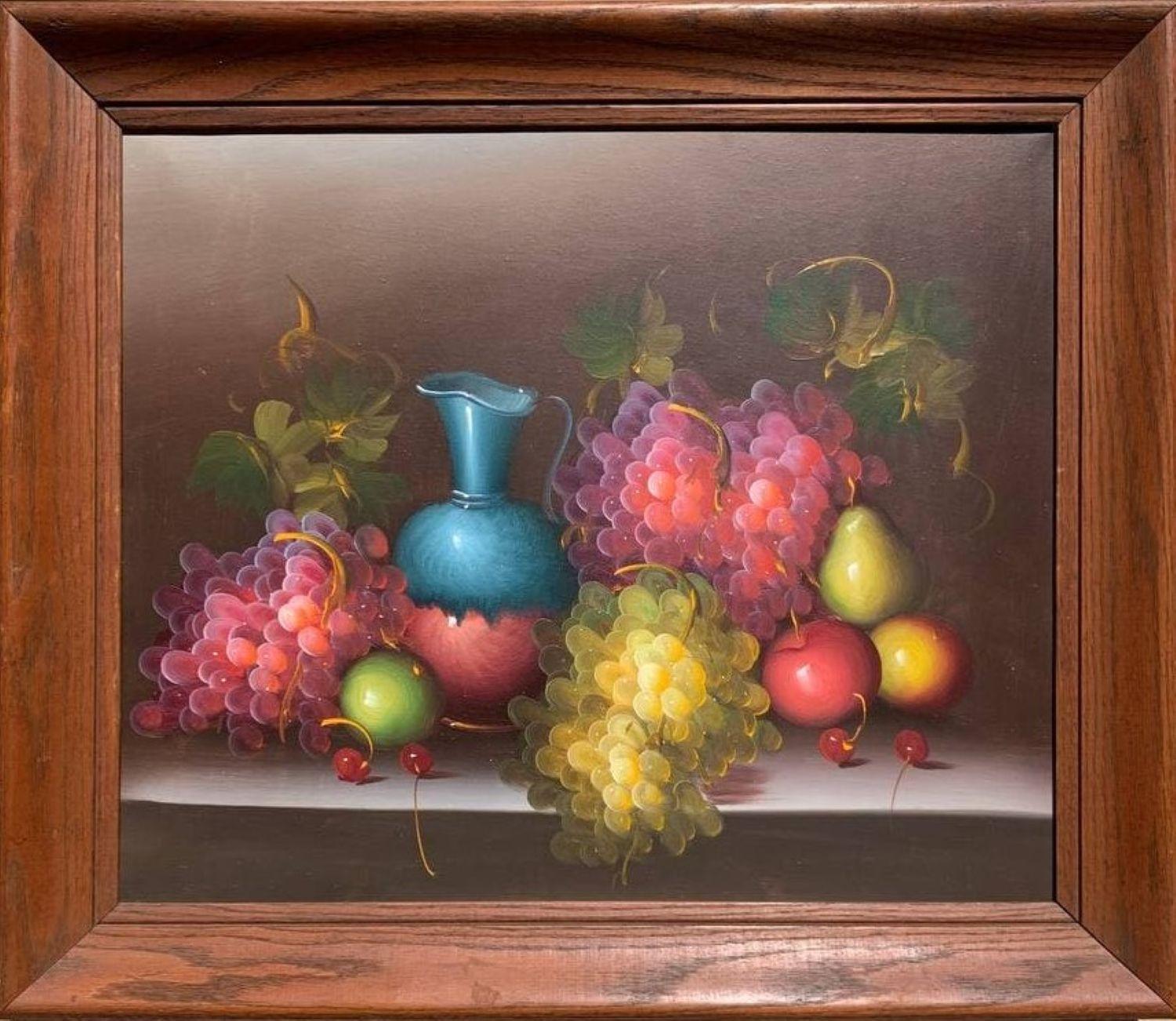 Unknown Still-Life Painting – Original Ölgemälde Stillleben auf Leinwand, Obst, gerahmt