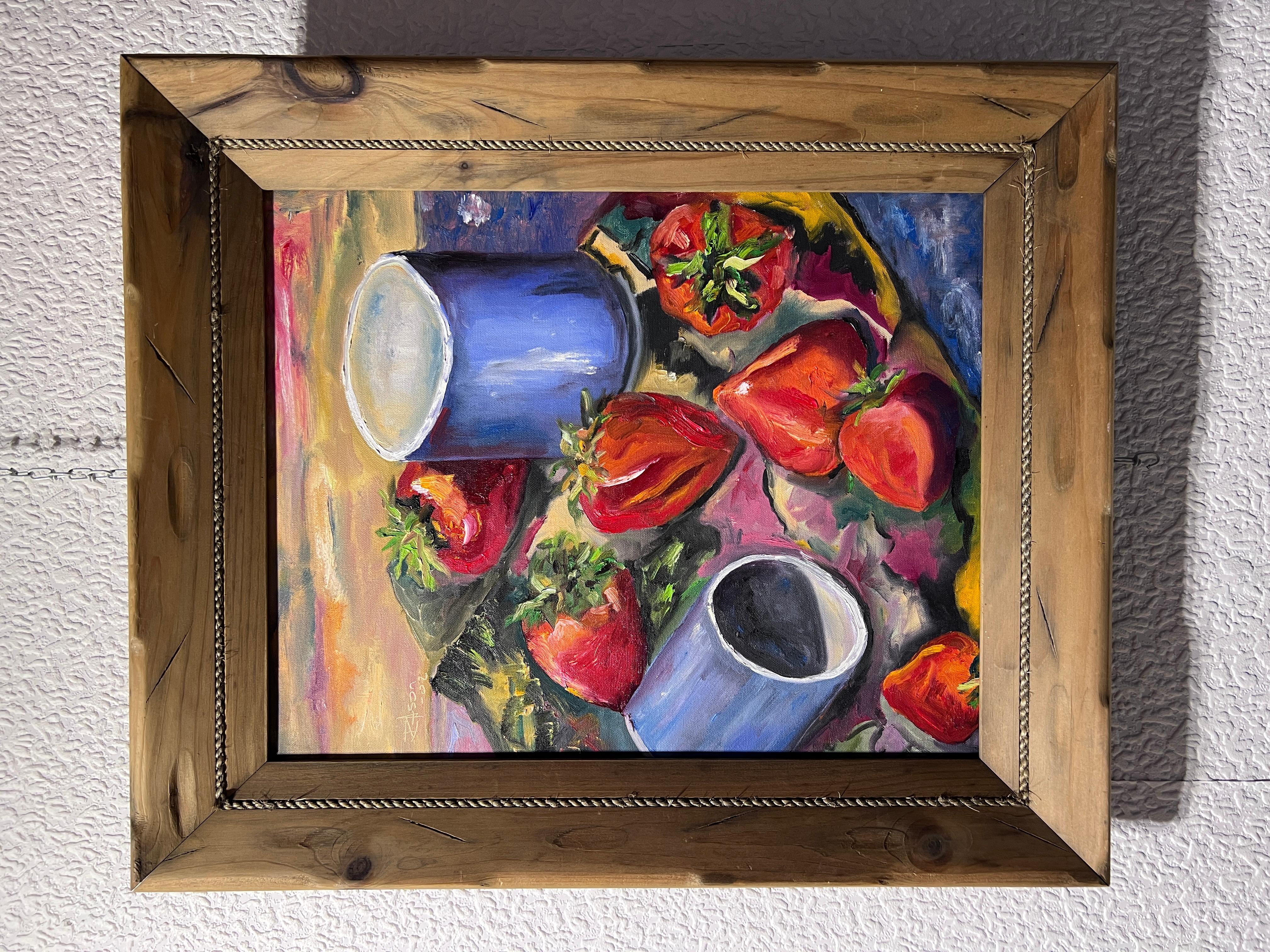 Original Still Life oil painting on canvas, Strawberries, Signed, Framed, Dated - Painting by Unknown