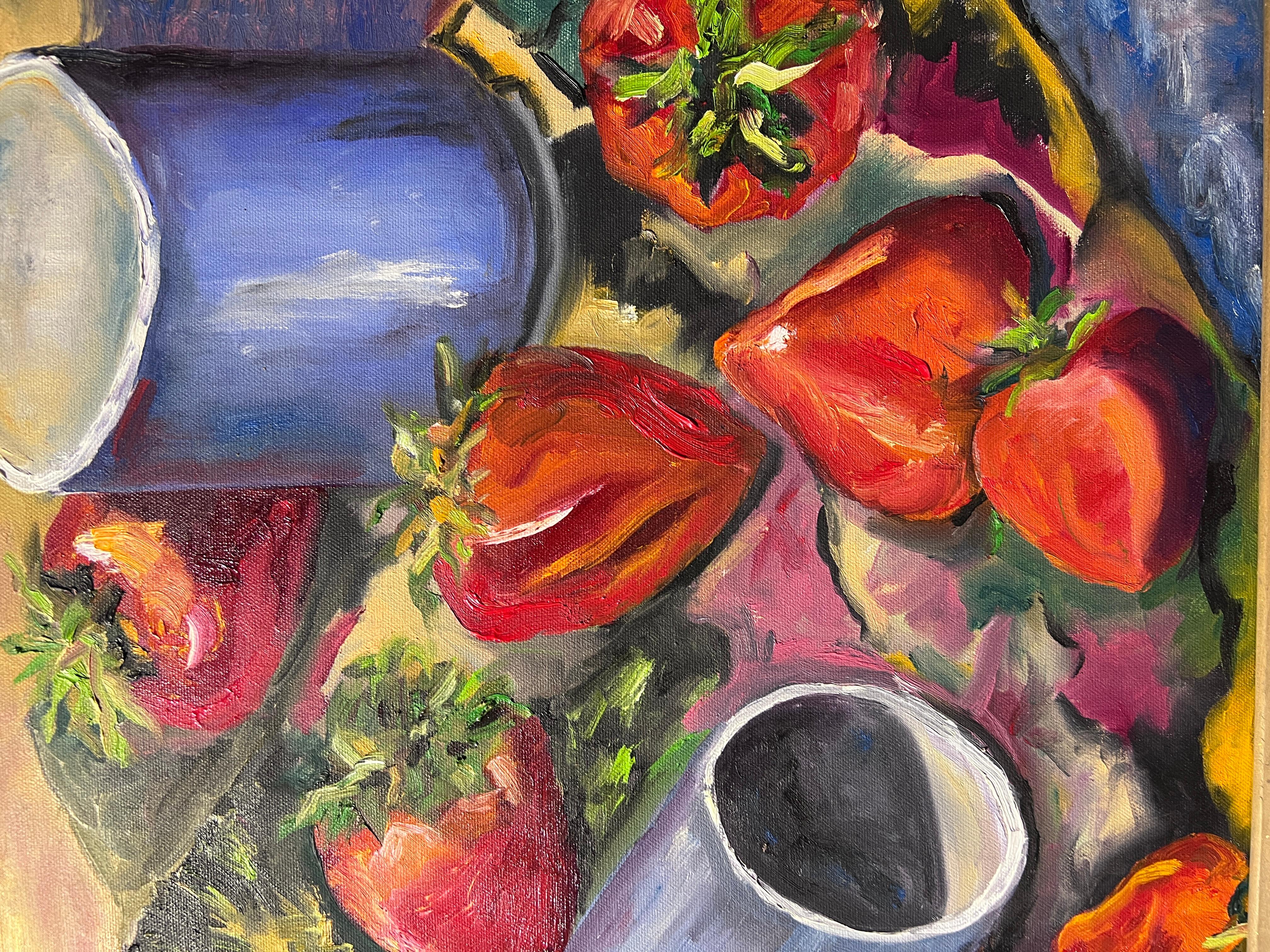 Original Ölgemälde Stillleben auf Leinwand, Erdbeer, signiert, gerahmt, datiert (Realismus), Painting, von Unknown