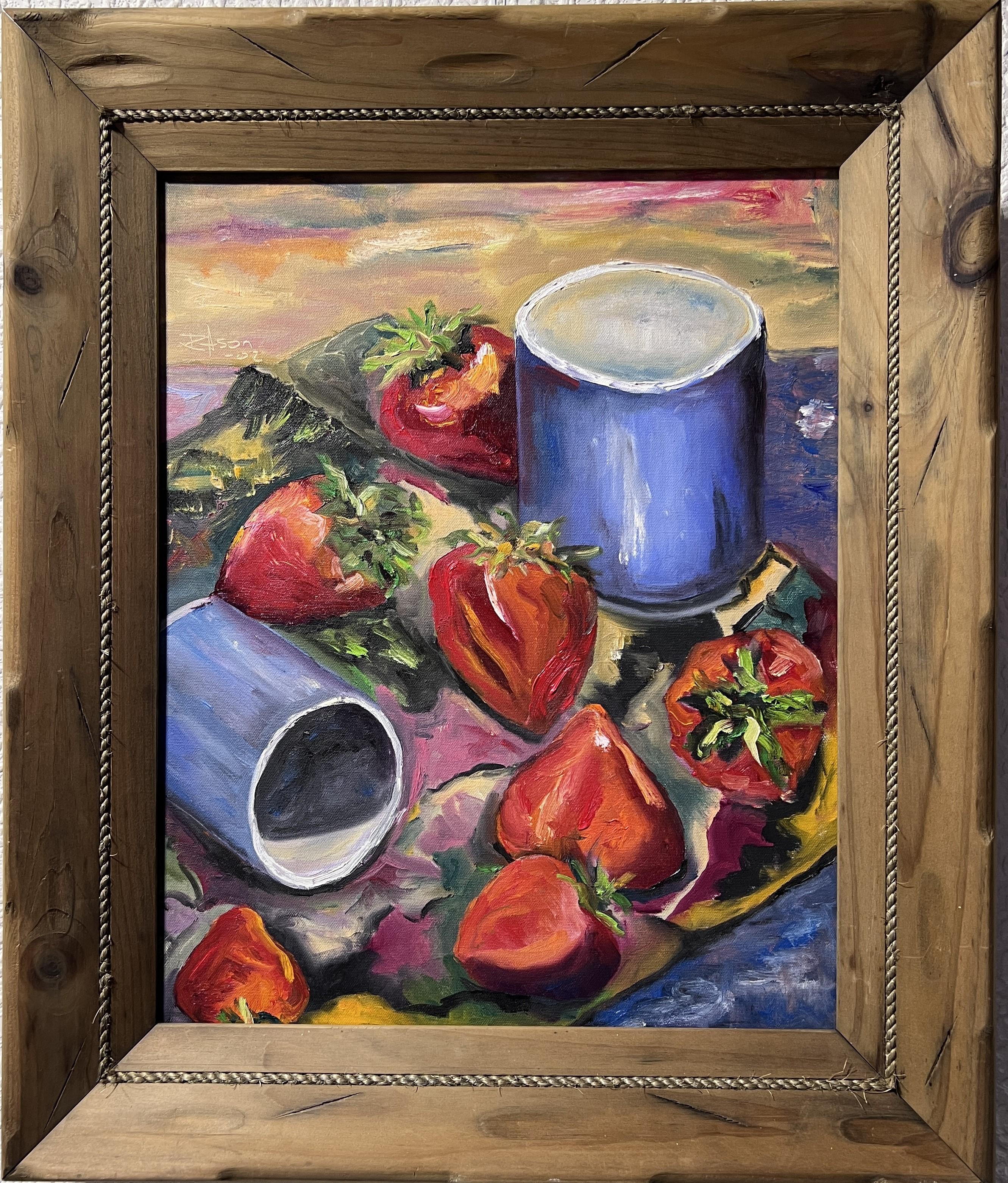 Unknown Still-Life Painting - Original Still Life oil painting on canvas, Strawberries, Signed, Framed, Dated