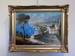Original Vintage Mediterranean coastal oil painting on canvas, signed, Framed