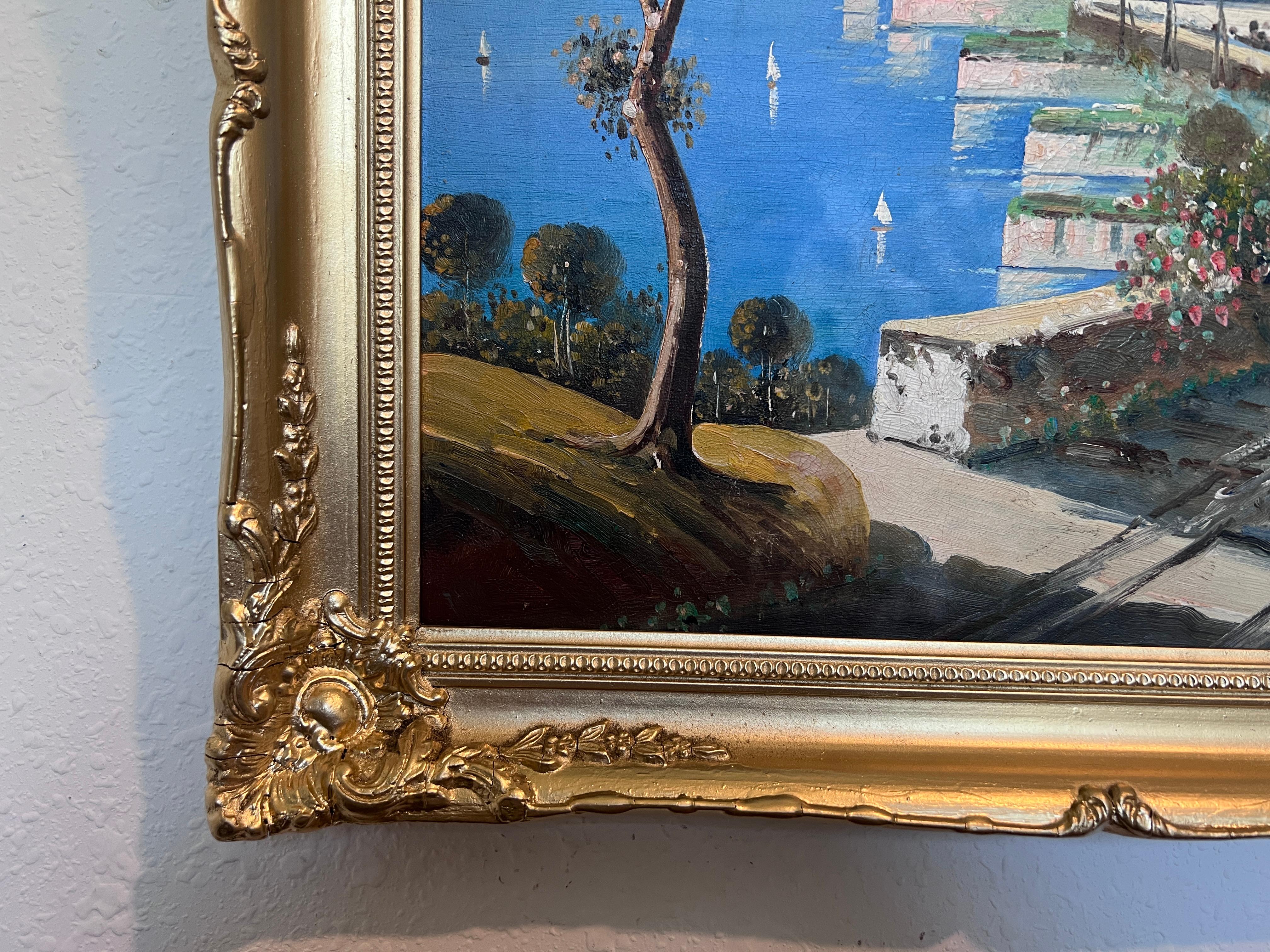 Dipinto a olio su tela originale d'epoca della costa mediterranea, firmato, incorniciato - Painting Impressionismo di Unknown