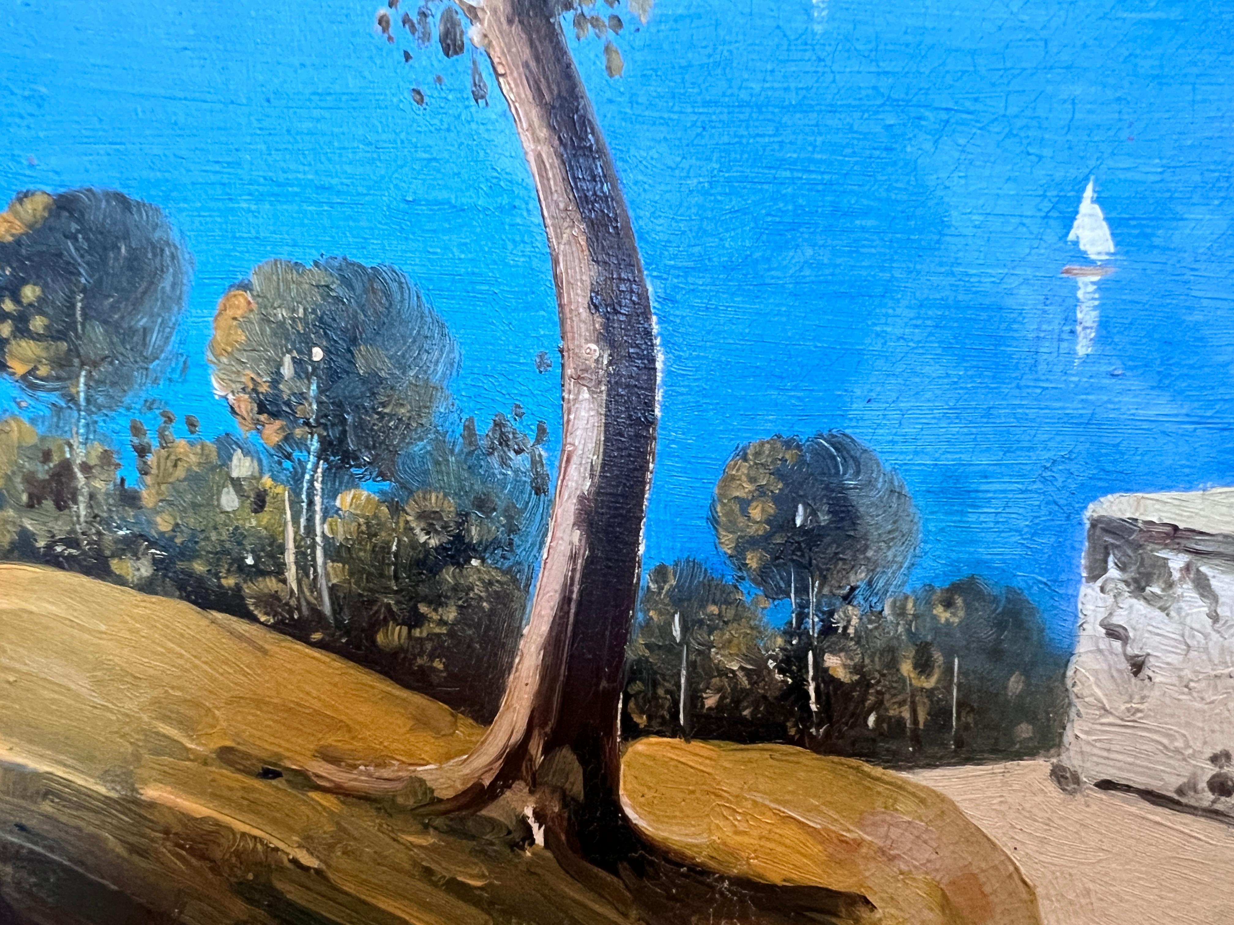 Dipinto a olio su tela originale d'epoca della costa mediterranea, firmato, incorniciato in vendita 3