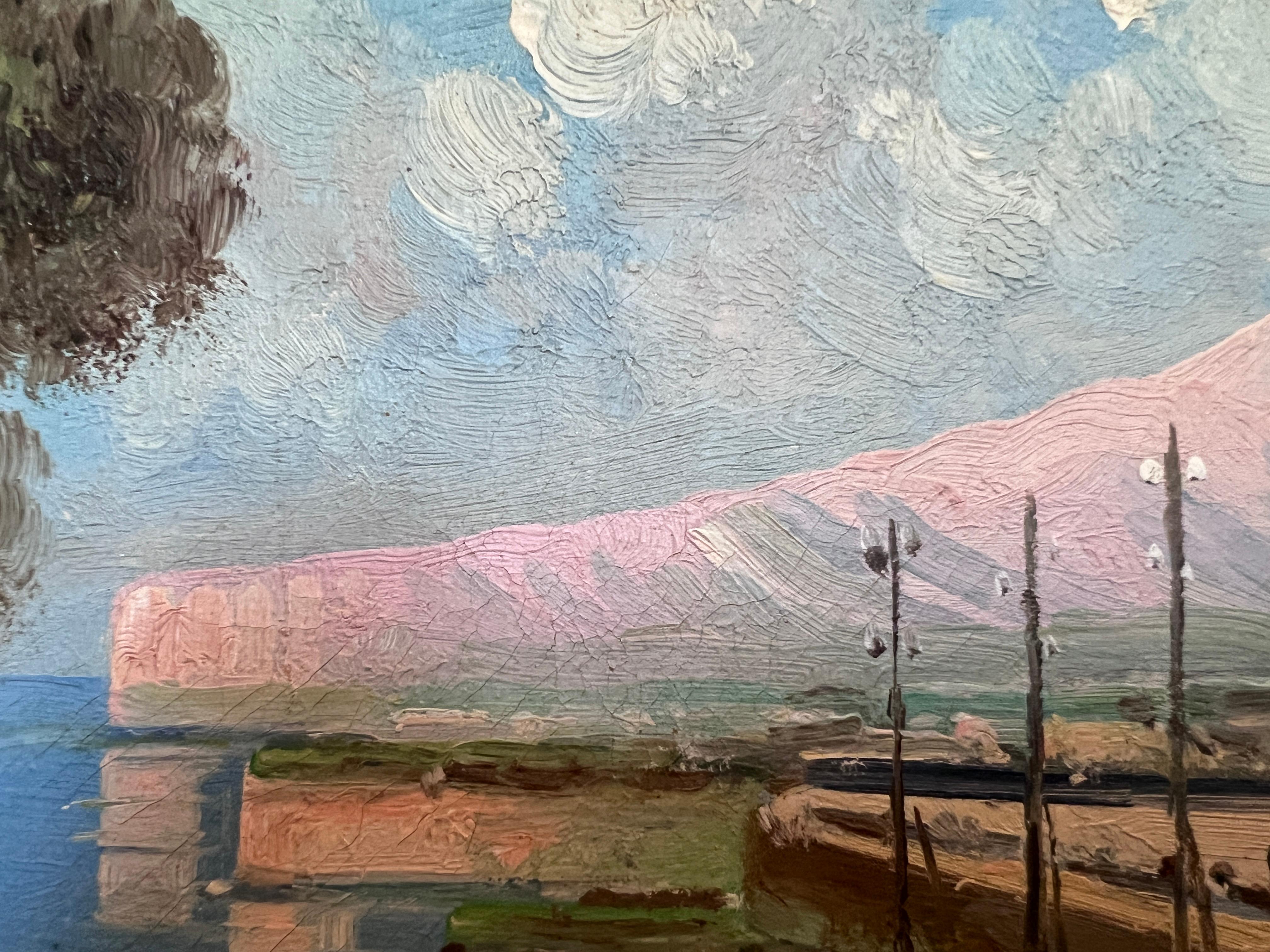 Dipinto a olio su tela originale d'epoca della costa mediterranea, firmato, incorniciato in vendita 4