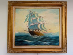 Original Vintage Nautical Sailing Ship Seascape - Huile sur toile - Encadré