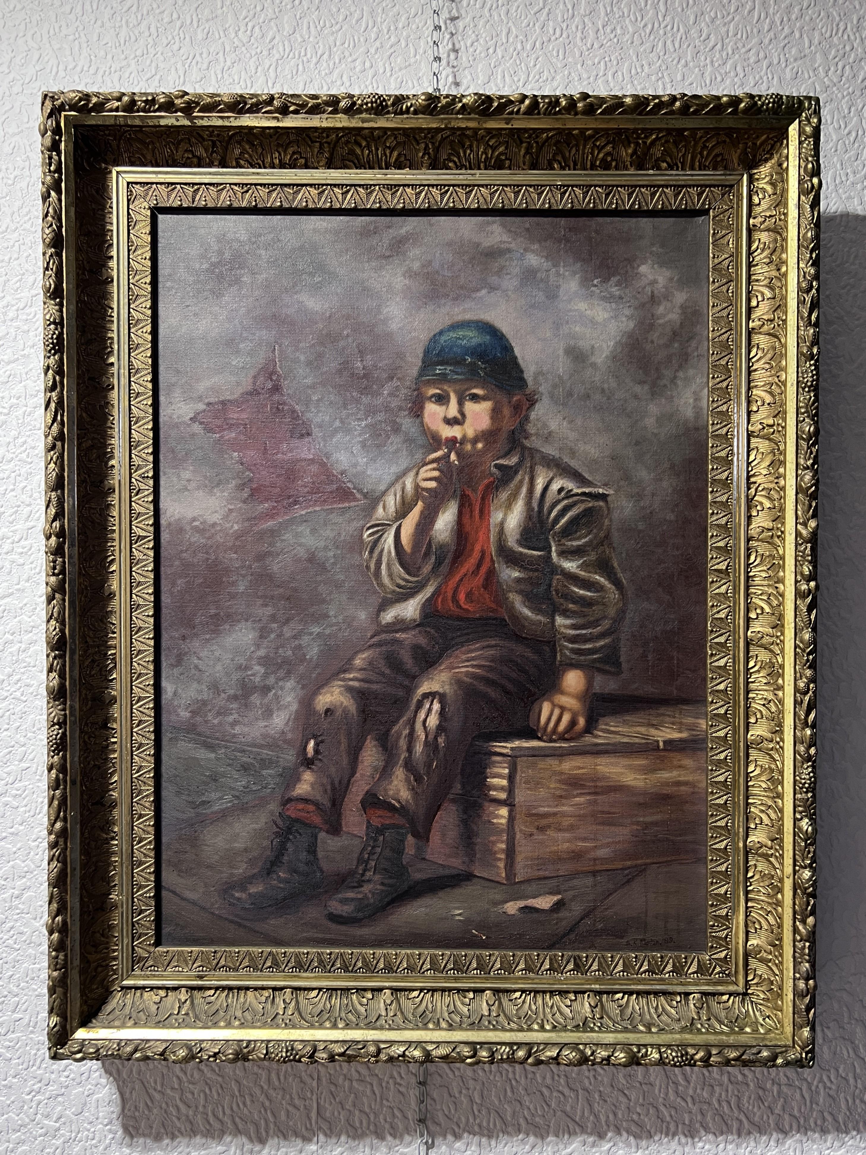 Up for sale is an original vintage oil painting on canvas.  This old painting shows a boy sitting down. He's dressed in a big jacket and pants with patches on them, and they look a bit worn out. His clothes are mostly dark except for a bright orange