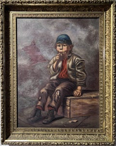 Peinture à l'huile originale sur toile, portrait d'un garçon Signé, daté et encadré