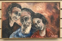 Peinture à l'huile originale vintage, famille, personnes, portrait, signée, encadrée