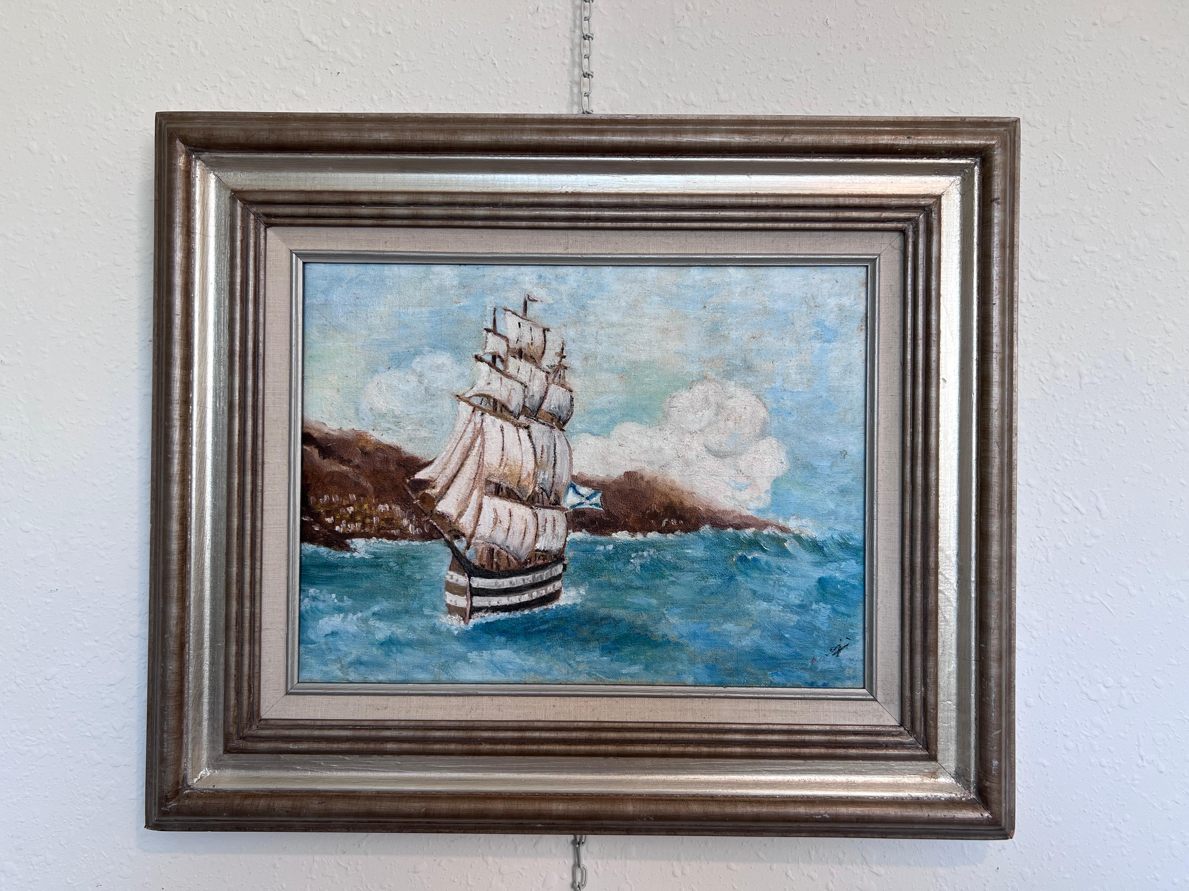 Original Vintage Ölgemälde auf Leinwand Seestück, Segelschiff, signiert, gerahmt – Painting von Unknown