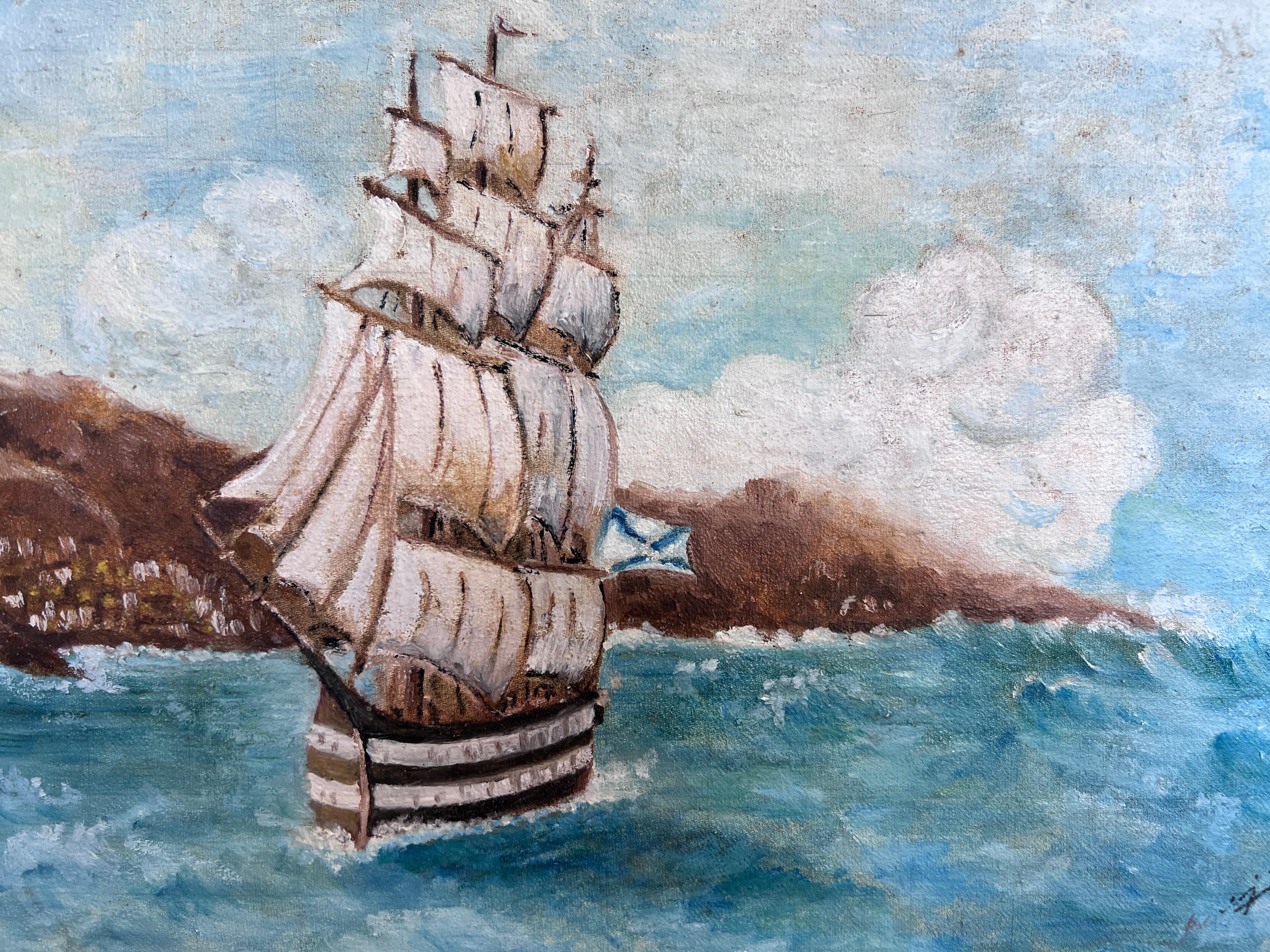 Original Vintage Ölgemälde auf Leinwand Seestück, Segelschiff, signiert, gerahmt (Impressionismus), Painting, von Unknown