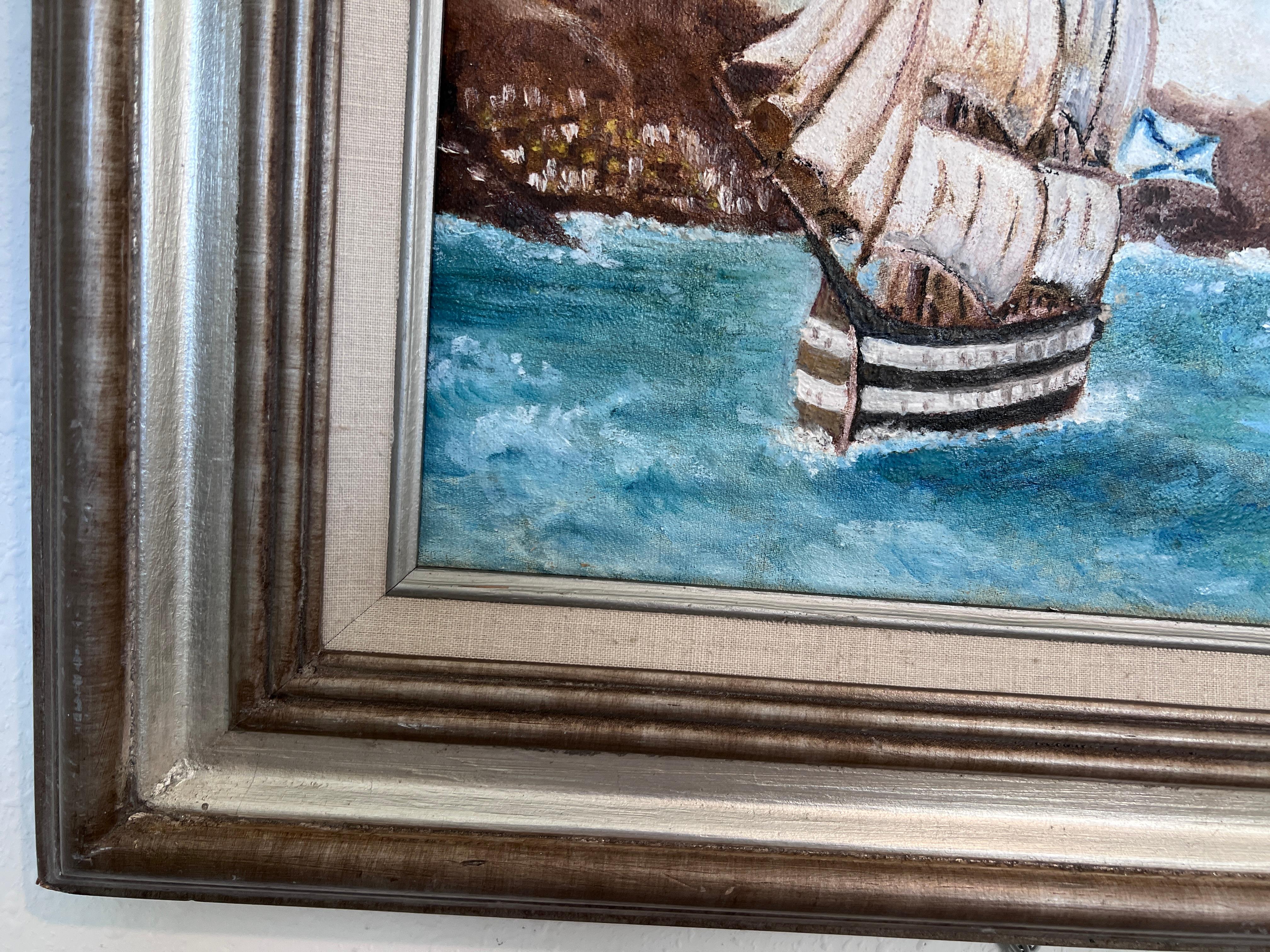 Original Vintage Ölgemälde auf Leinwand Seestück, Segelschiff, signiert, gerahmt (Grau), Landscape Painting, von Unknown