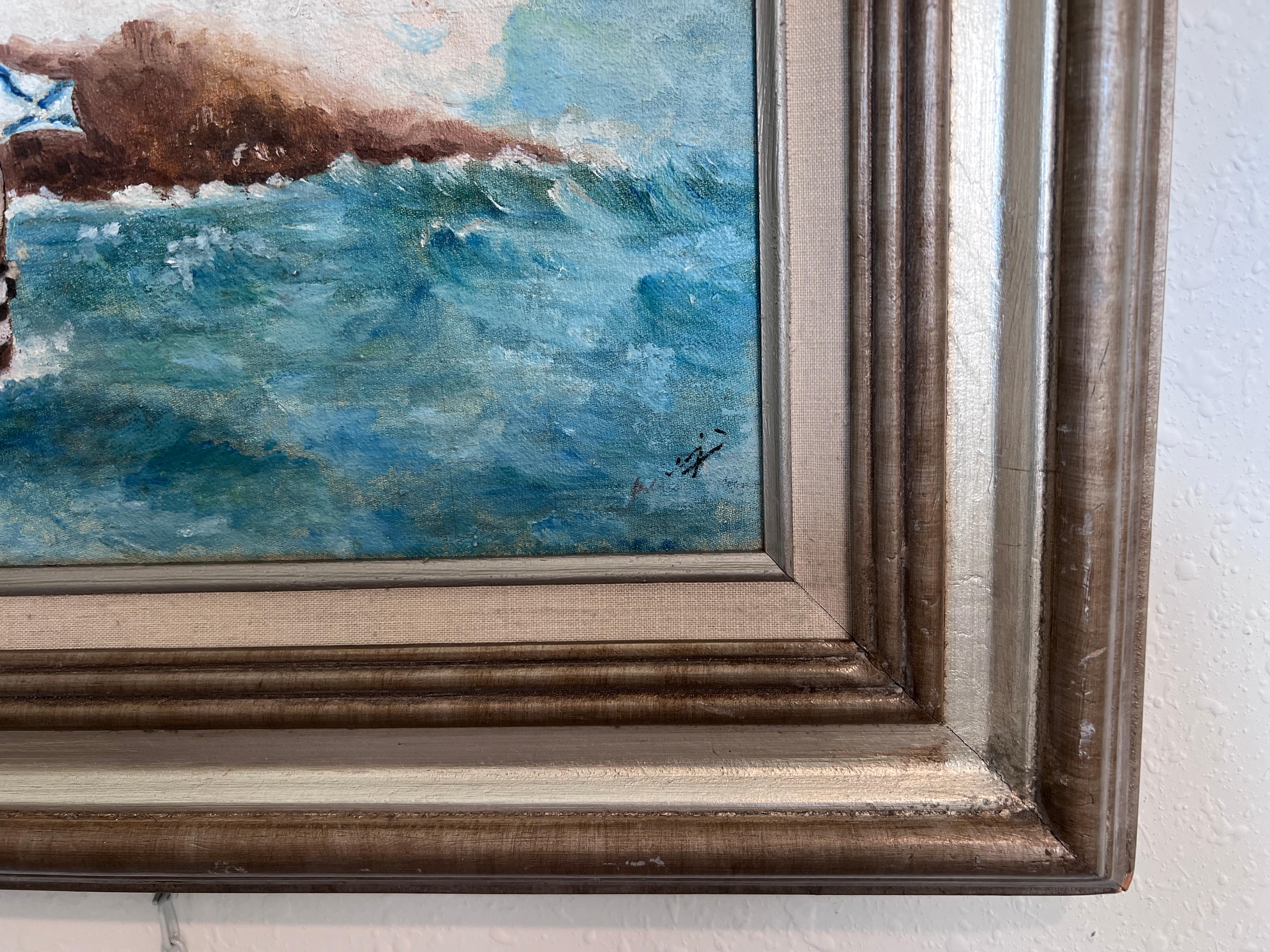 Original Vintage Ölgemälde auf Leinwand Seestück, Segelschiff, signiert, gerahmt im Angebot 2