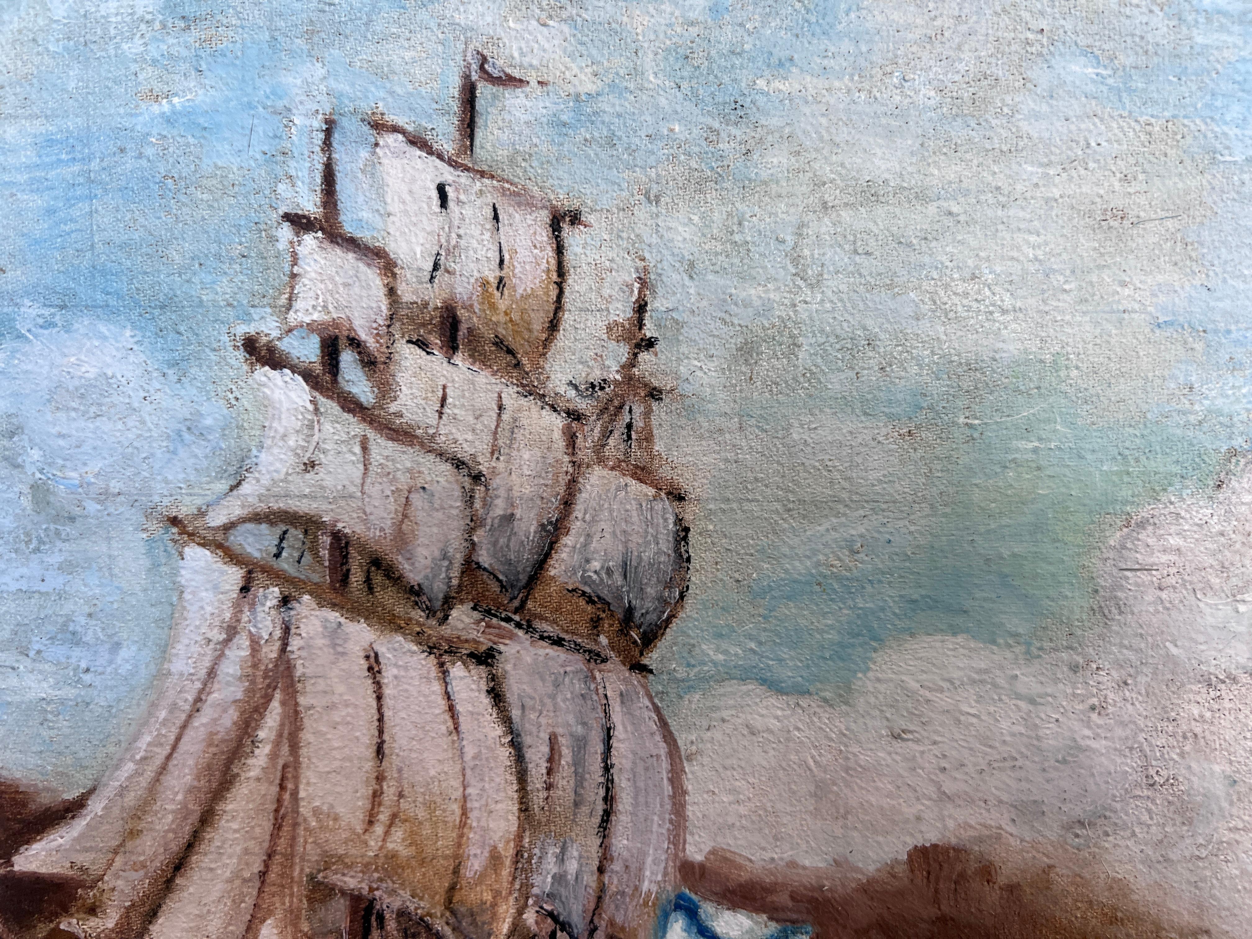 Original Vintage Ölgemälde auf Leinwand Seestück, Segelschiff, signiert, gerahmt im Angebot 4