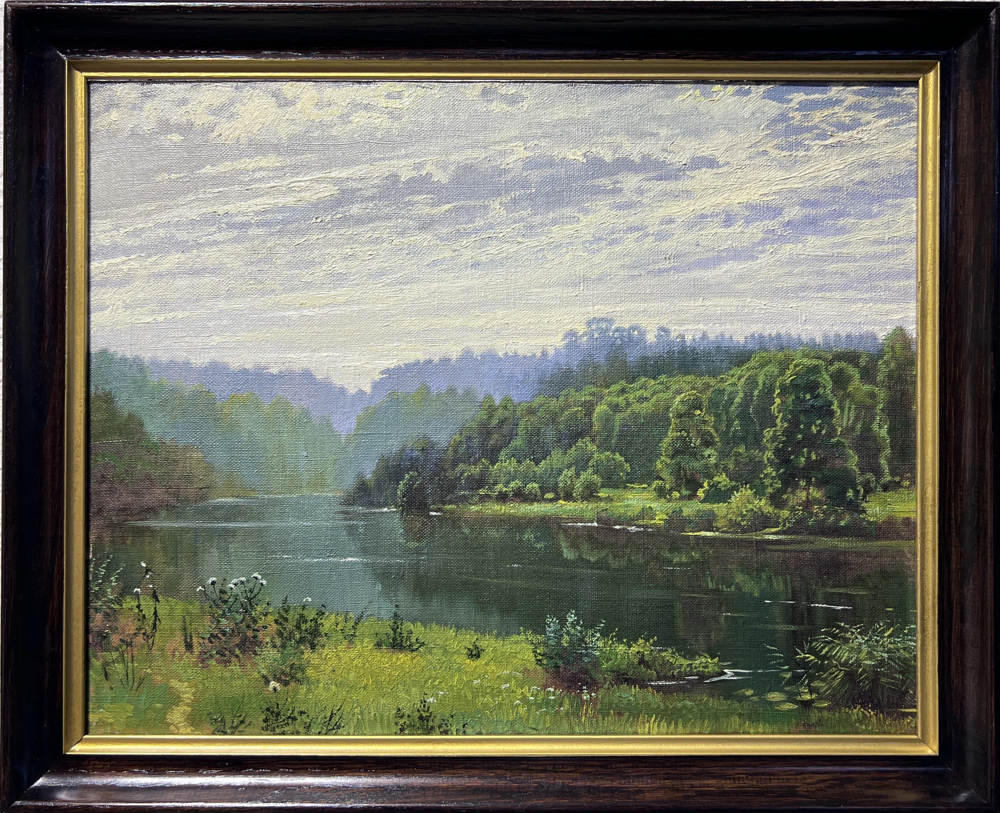 Unknown Landscape Painting - Original Vintage oil painting on canvas, Summer Landscape "Foggy Morning" Signed