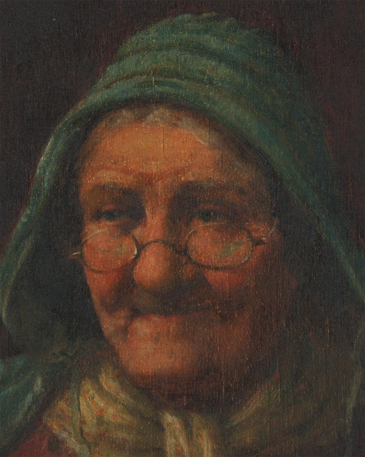 A very fine depiction of an elderly Dutch lady. The use of muted tones and subtle brushstrokes softens the focus to create an appealing portrait with nostalgic overtones. Signed indistinctly 'D.M.' to the lower left and inscribed illegibly to the