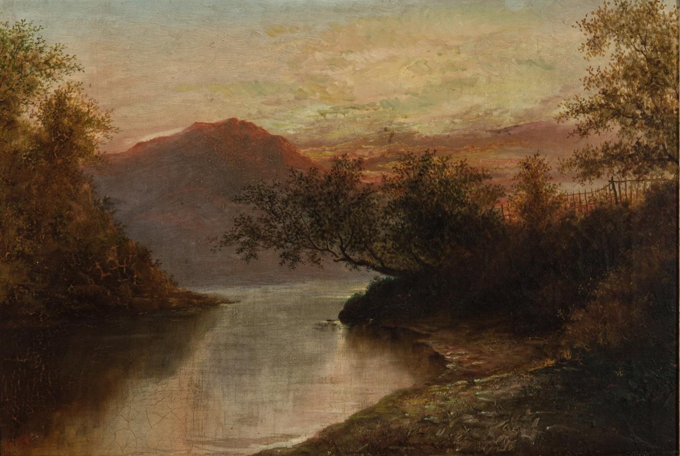 Ornately Framed 19th Century Oil - English Mountain Landscape at Sunset - Painting by Unknown