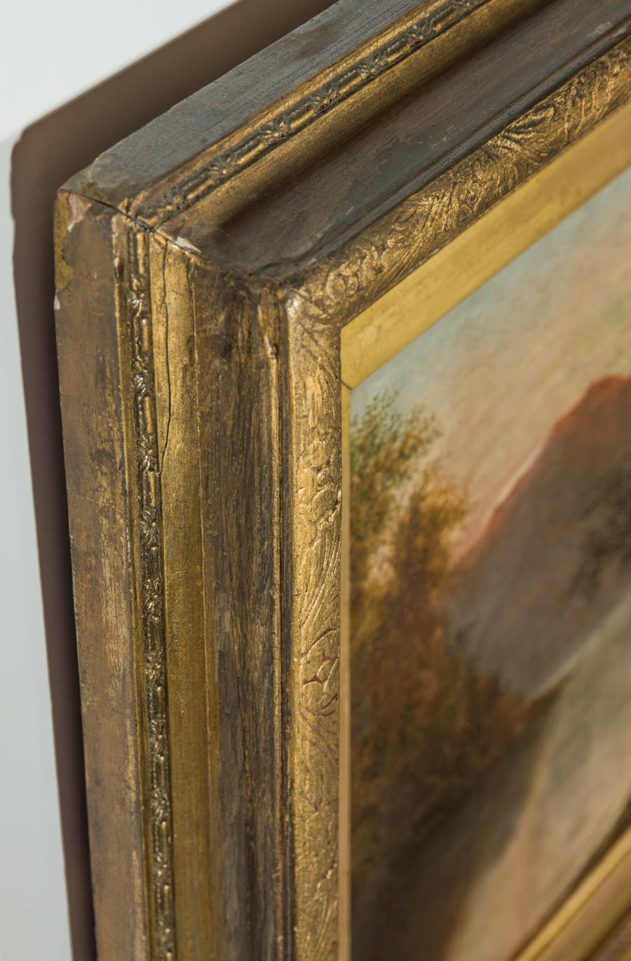 A finely painted 19th century oil, well presented in a gilt frame. Depicting a river with distant mountain at sunset. Signed illegibly. On canvas on stretchers.

Framed Size: 50 x 69cm (19.7
