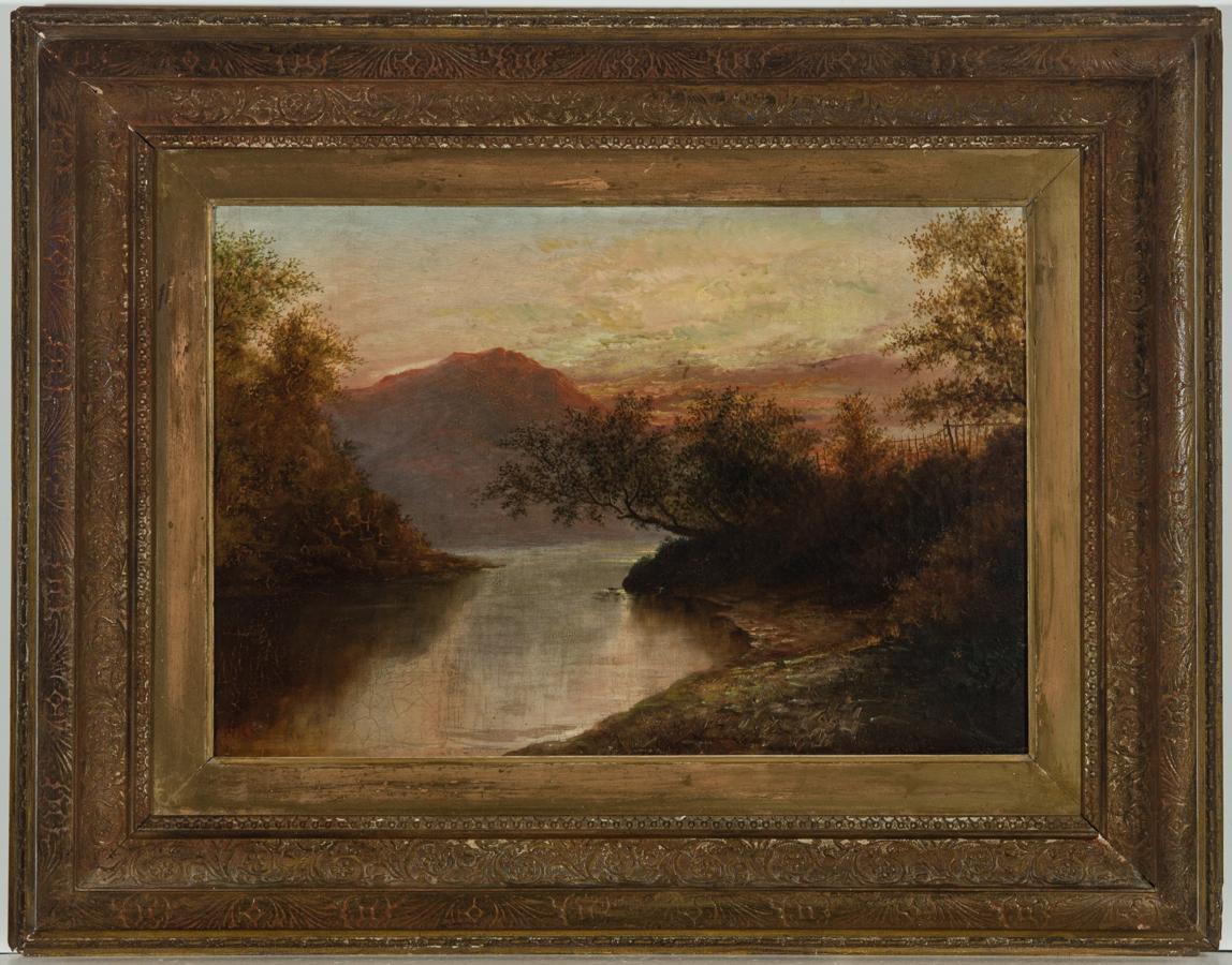 Unknown Landscape Painting - Ornately Framed 19th Century Oil - English Mountain Landscape at Sunset